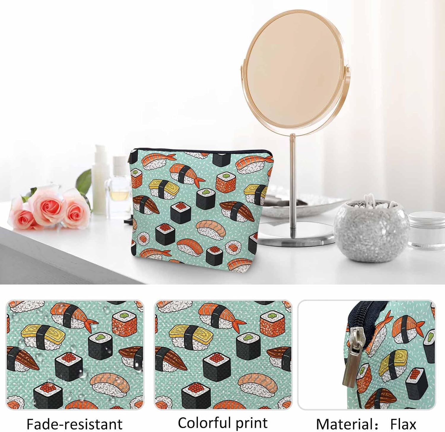 Sushi Cosmetic Travel Bag For Toiletries, Japanese Food Sushi And Rolls Makeup Bag Toiletry Bags For Women, Flax Cosmetic Bags Make Up Bag Purse Toiletries Bag Birthday Gift image 5
