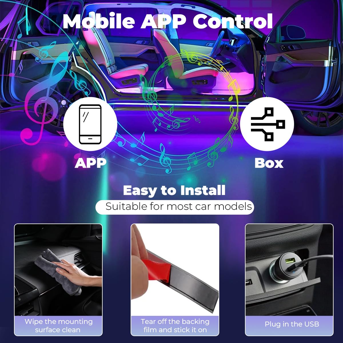 Luces LED Ambientales Para Coche - 4 Tiras RGB Con 48 LEDs, 16 Millones De Colores, Control Por App Y Modo Música, Alimentación USB