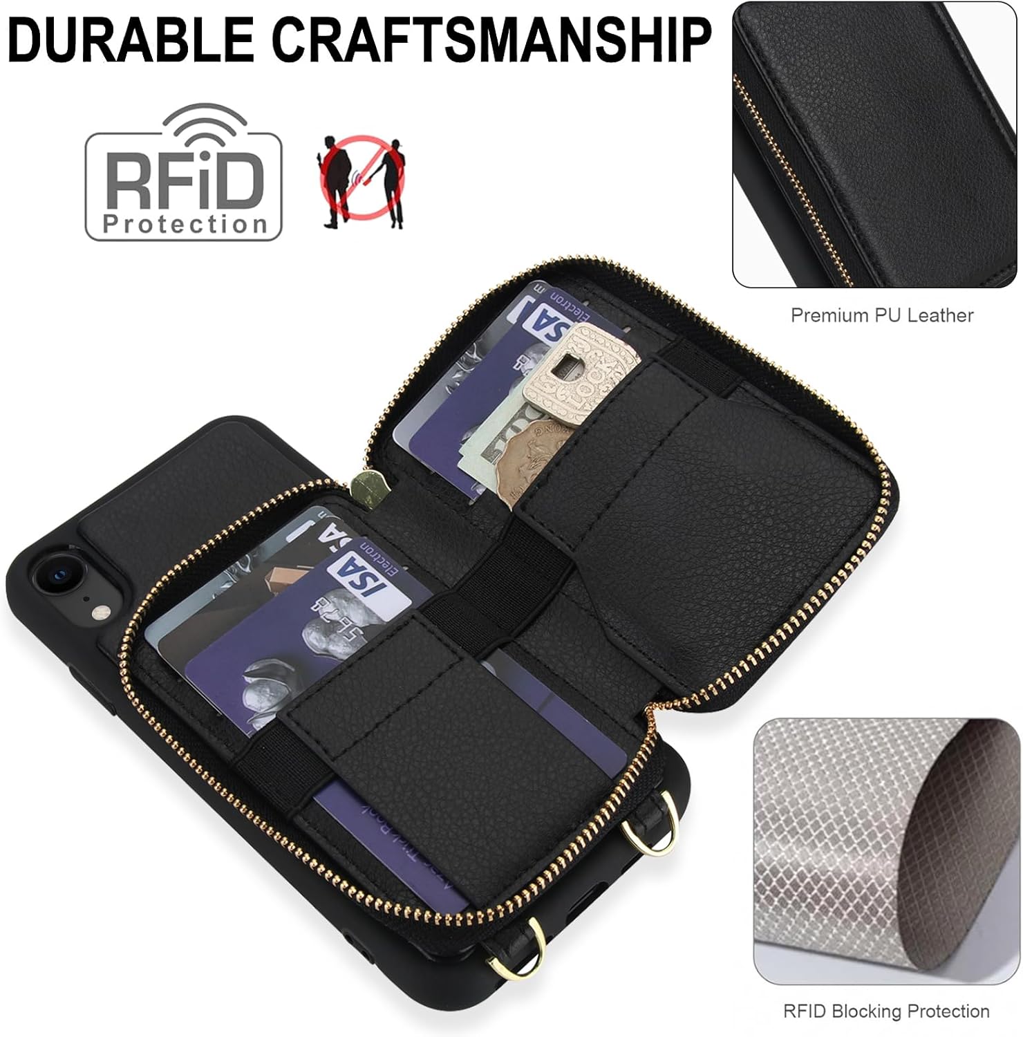 Phone Case for iPhone XR 6.1 Wallet Cell Cover with Tempered Glass Screen Protector Crossbody Strap RFID Blocking Card Holder iPhoneXR iPhone10R i Phonex 10XR 10R RX CR iPhoneXRcases Women Men Black
