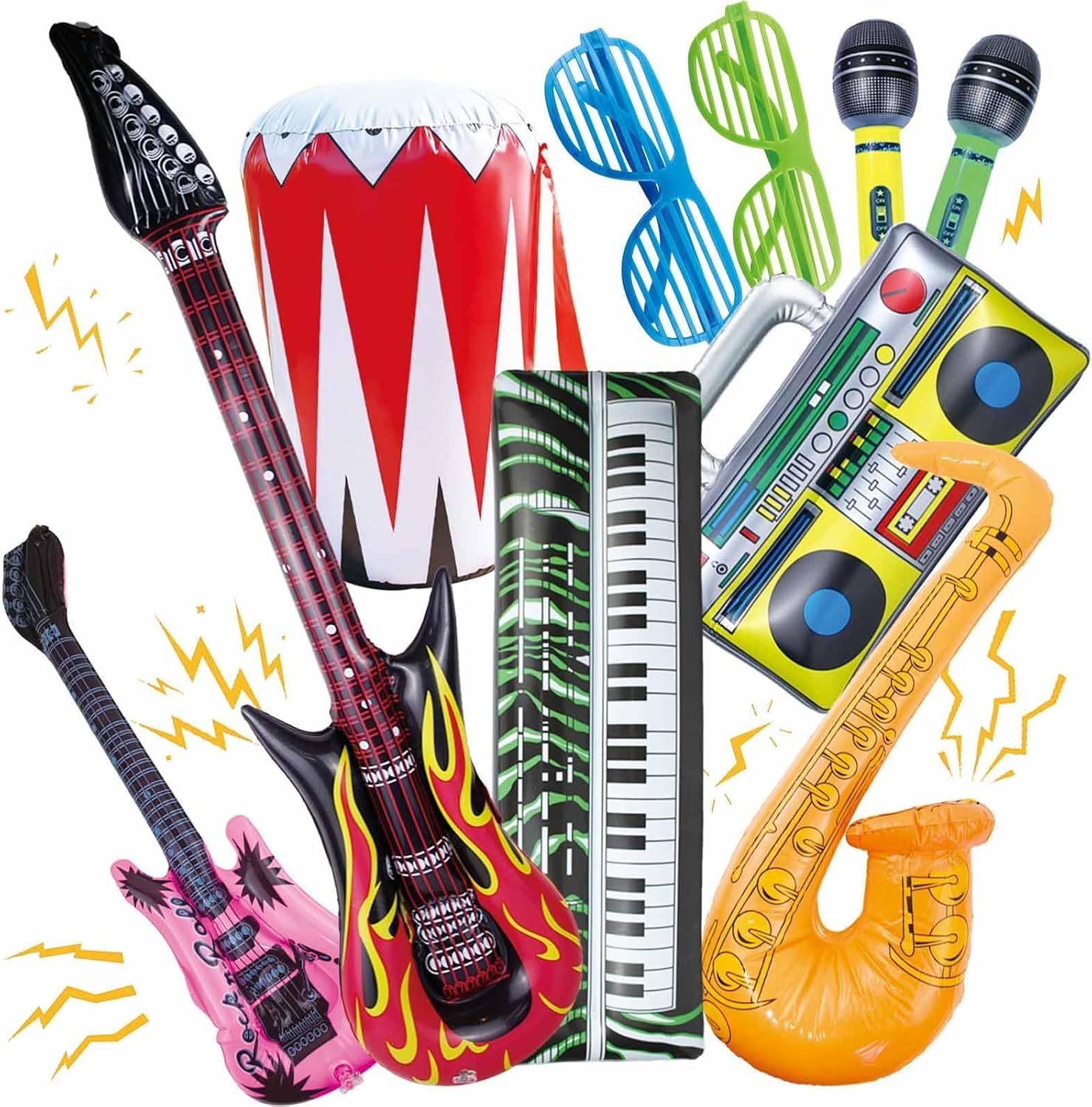 10 Pieces Inflatable Instruments Party Props Set Photo Booth Props Inflatable Guitar Saxophone Bass Lute Microphone Recorder Piano Theme Party Rock Toys Decorated Vintage Period Party