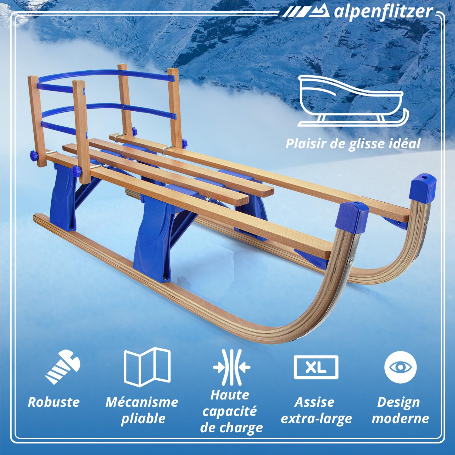 Luge en Bois avec Dossier Luge Davos 110 cm Luge Pliable pour Enfants ; Luge Pliante en Bois de hêtre Haut de Gamme