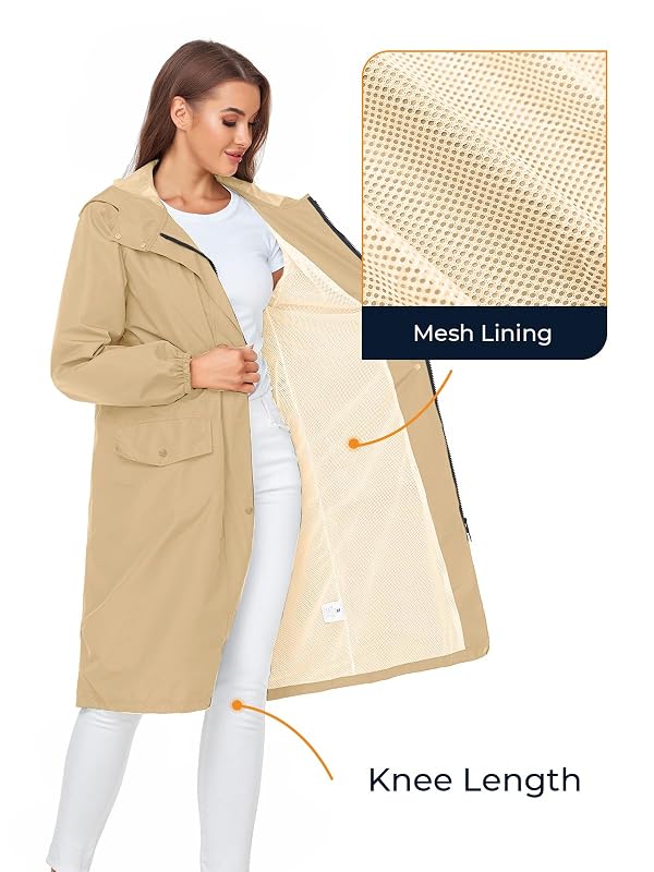 SaphiRose Women's Lightweight Packable Long Rain Jacket Camel M by SaphiRose - Used condition - Image 4