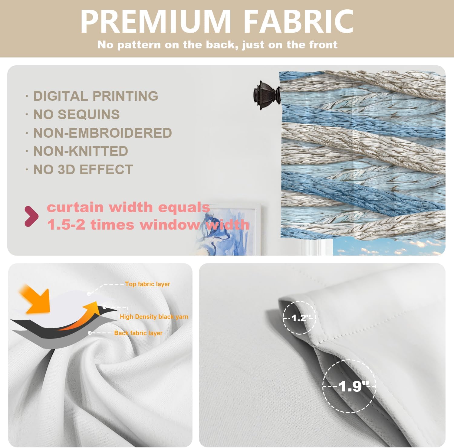 Nautical Seaside Blackout Kitchen Curtains,Maritime Rope Short Curtains for Windows Insulated Thermal Bathroom Window Curtain 2 Pack 52X18 Inches