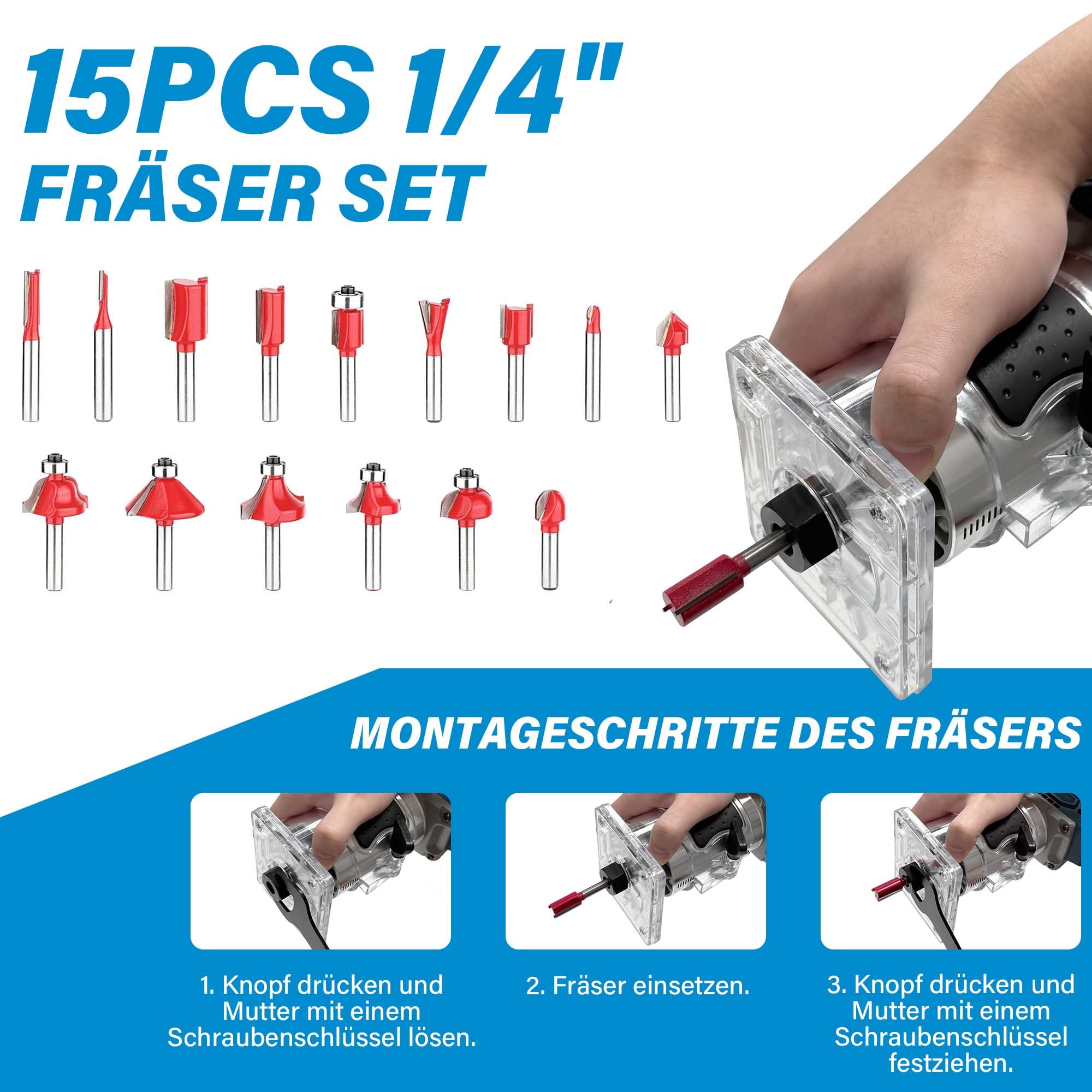 Akku Oberfräse für Bosch GBA 18V/ProCORE18V Akkus, 800W Bürstenloser Oberfräse mit 5 Geschwindigkeiten, 10,000-30,000 U/min, 18V Einhandfräse Akku Kantenfräser mit 15 Stück 1/4" Fräser (ohne Akku)