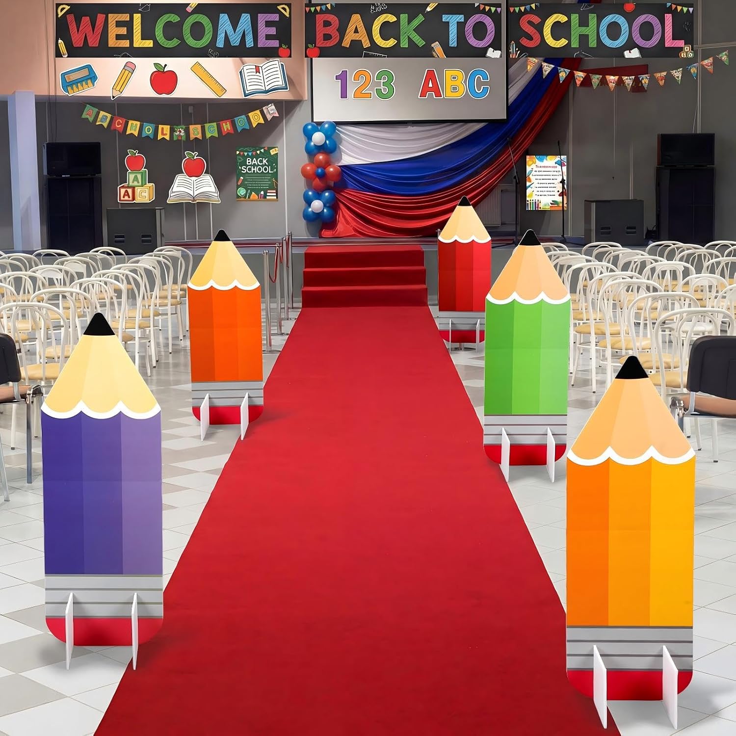 Capoda 5 Pcs Pencil Yard Sign Decorations with Stands and Red Runway Carpet Pencil Party Decorations Back to School Lawn Sign for Party Entrance First Day of School Outdoor Garden Backdrop Photo Prop