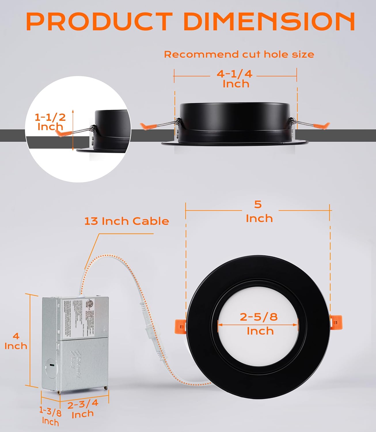 CLOUDY BAY [4 Pack] 4 inch 5 Color Swivel LED Gimbal Recessed Light with Junction Box IC Rated Air Tight,120V CRI90+,2700K/3000K/3500K/4000K/5000K Selectable,Black