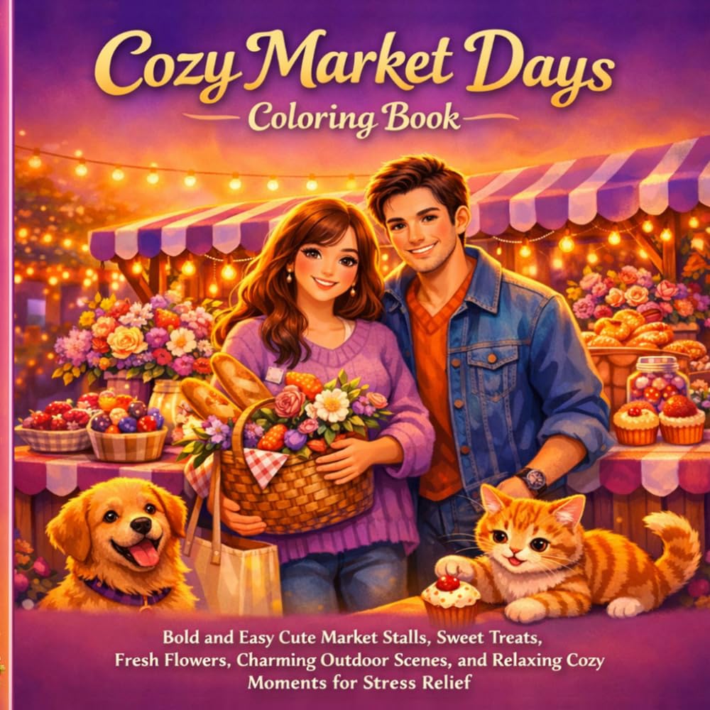 Cozy Market Days Coloring Book: Bold and Easy Cute Market Stalls, Sweet Treats, Fresh Flowers, Charming Outdoor Scenes, and Relaxing Cozy Moments for Stress Relief (Cozy Line Studio Collection)