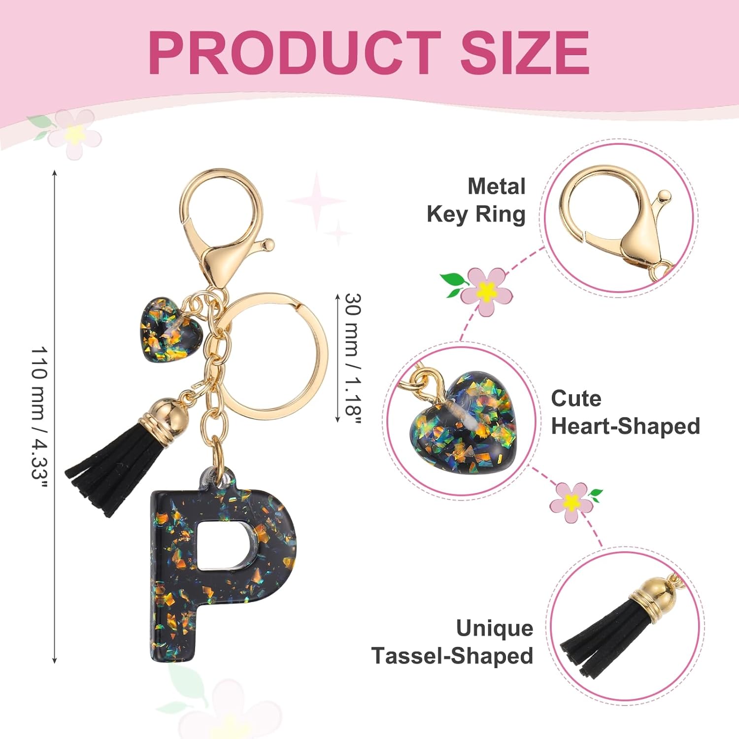 PATIKIL Initial Letter Keychain, Cute Keychains Women Sparkly Bling Love Tassel Floral Charm Key Chain - Image 2