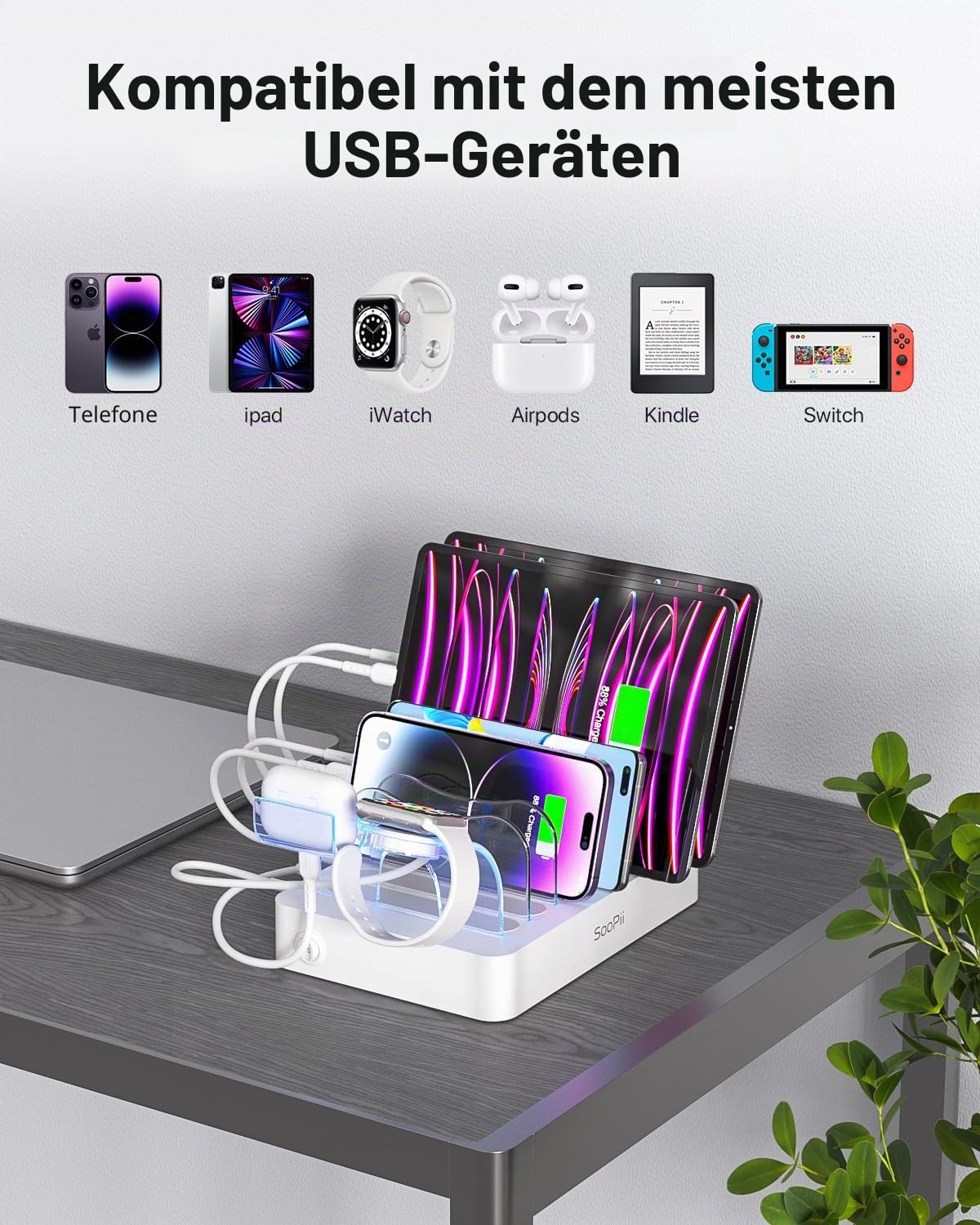 SooPii 50W 6 Ports USB-Ladestation Organizer für mehrere Geräte mit 6 Kabel