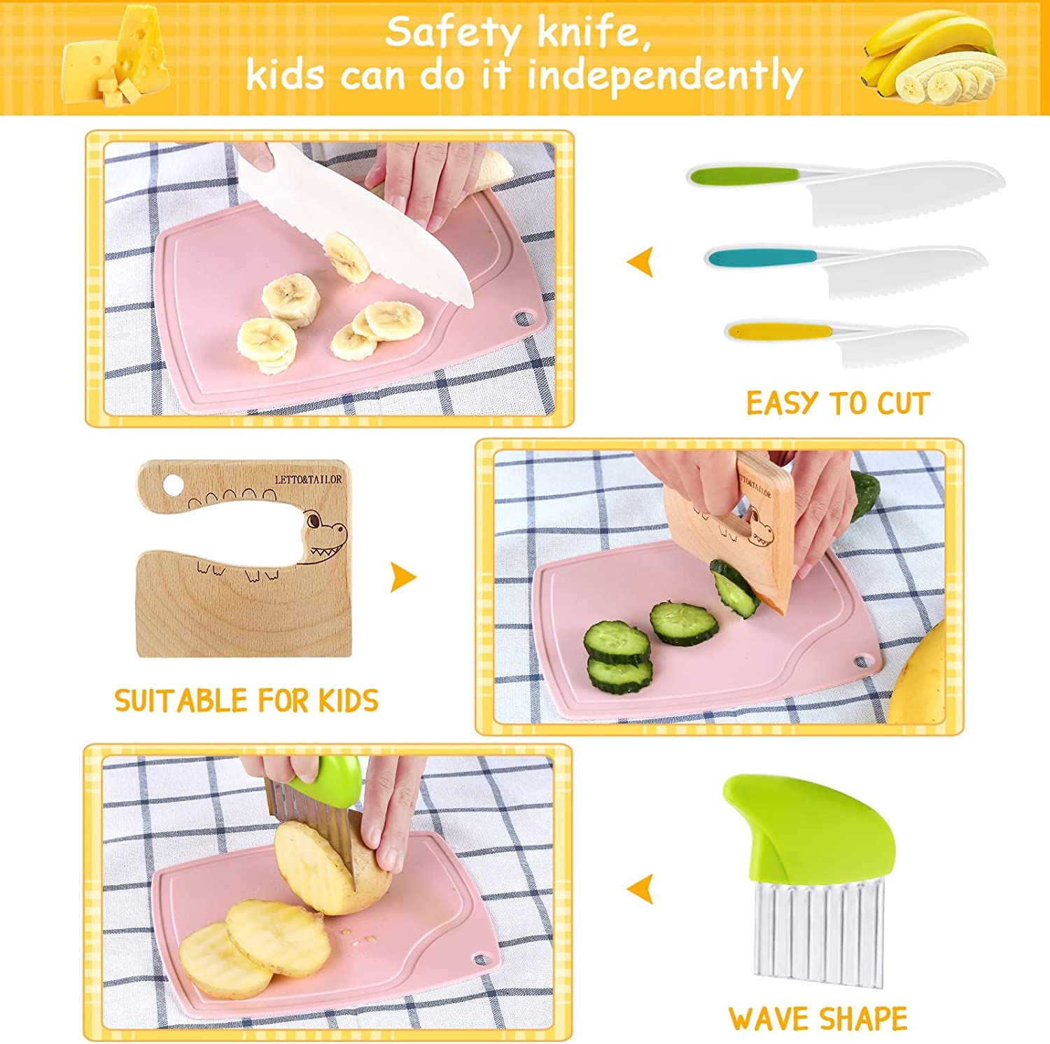 Ustensiles Cuisine Enfant LETTO & TAILOR Kit Cuisine Enfant - 25 Pièces, Couteau Enfant, Ustensiles Cuisine Pour Enfants, Couteaux Montessori, Gants