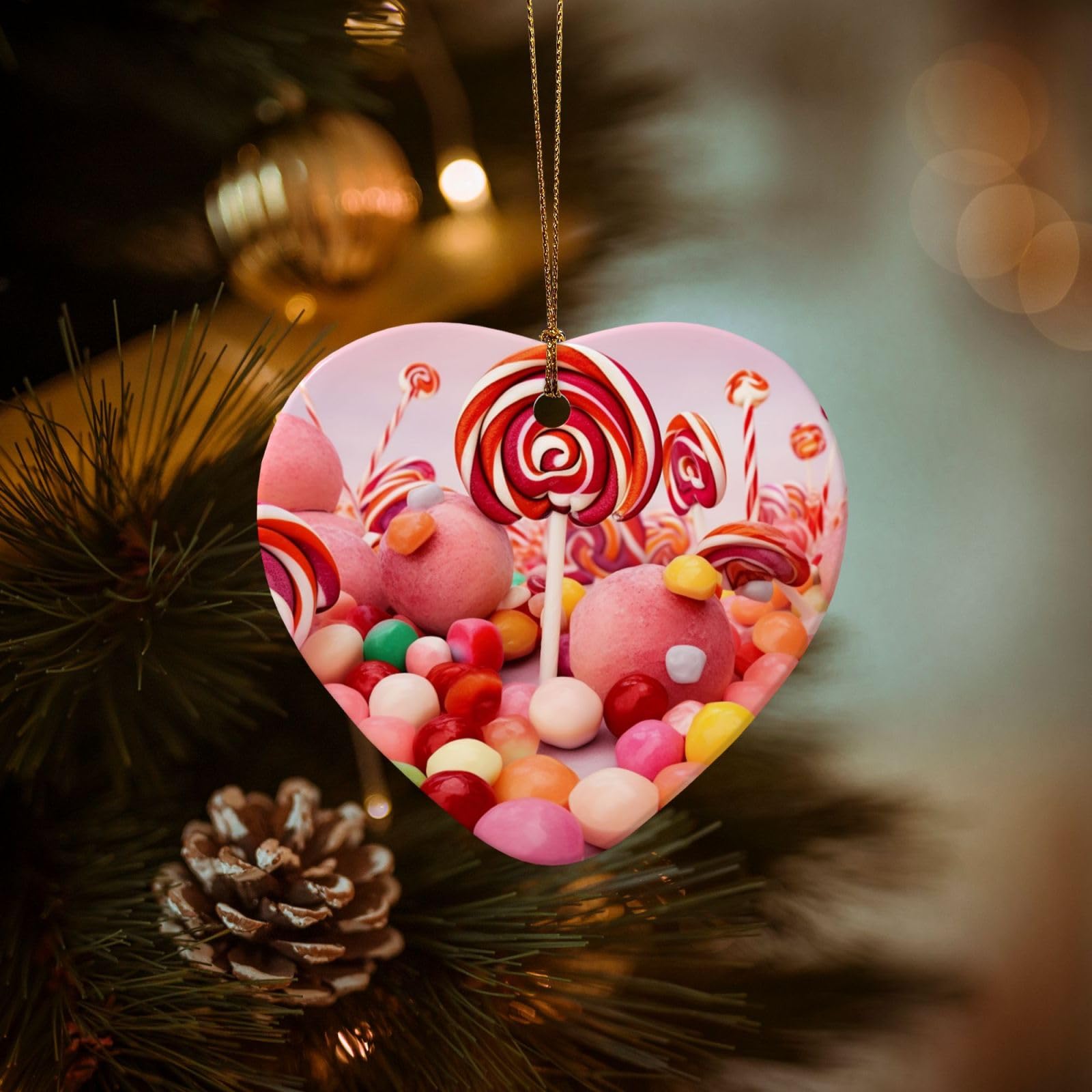 Christmas Ornaments for Christmas Tree Decoration Hanging Sweet Candy Ornament with Gold Ribbon Crafts Heart Shape Ceramic Pendant for Keepsake Gifts Xmas Decor Party Supplies