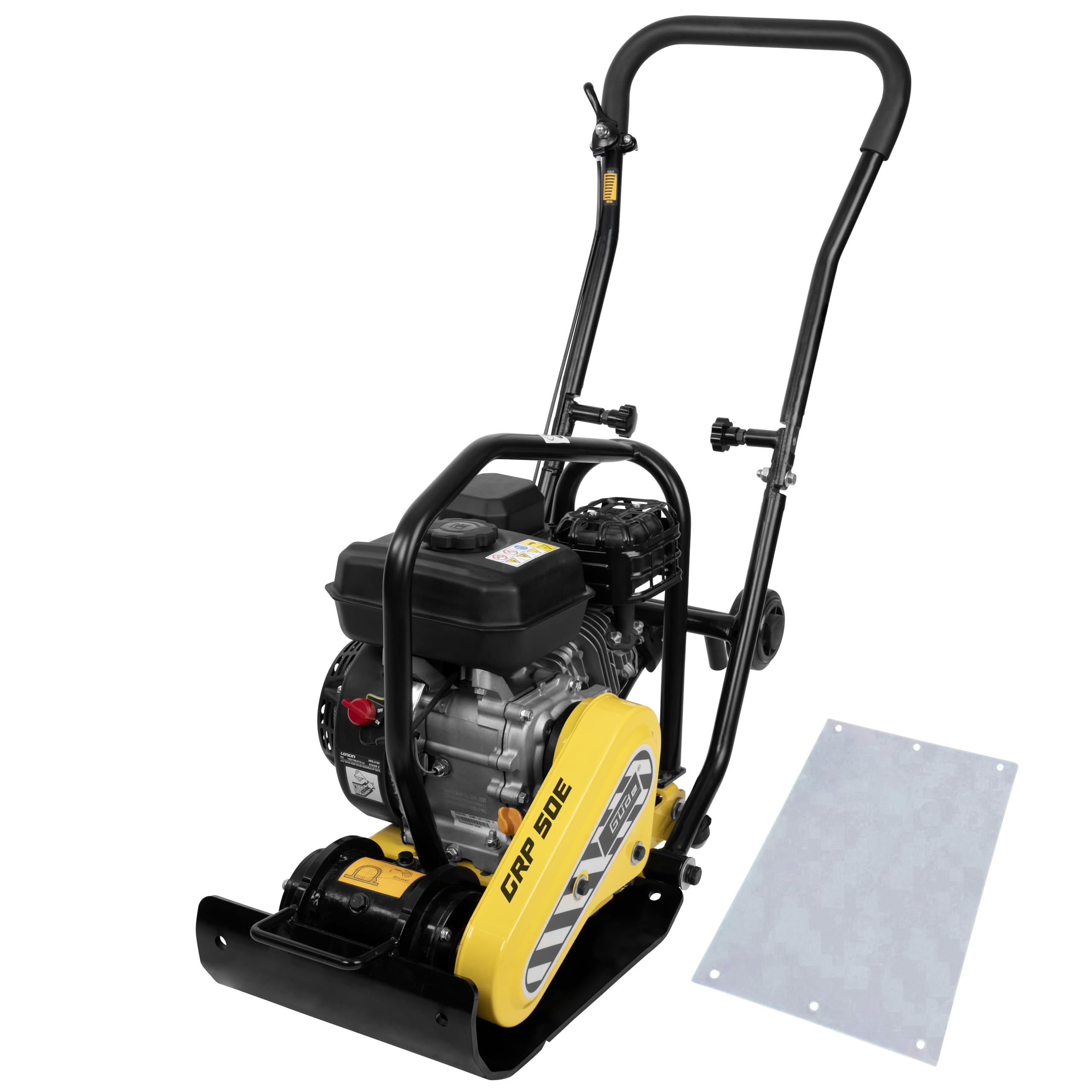 Güde GRP 50E Rüttelplatte - 4-Takt-Motor, 196 Kubikzentimeter Hubraum, 4,1 Kilowatt, 5,5 PS, 43 x 30 Zentimeter Arbeitsplatte, 8,5 kN Verdichtungsdruck, 20 m/min Vorlauf, Polyurethanmatte, Fahrwerk