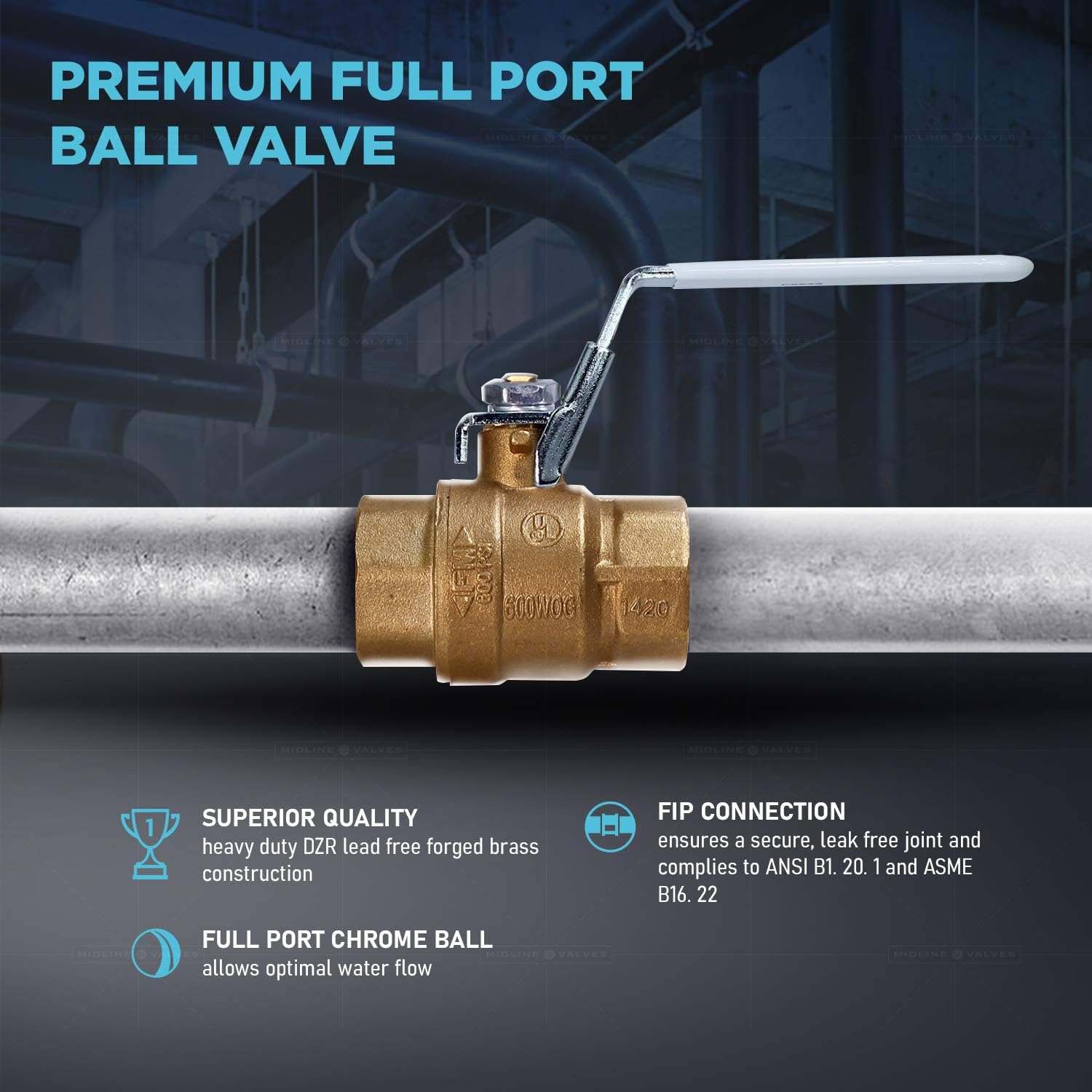 Midline Valve 832T334-NL-5-L Premium Full Port Ball Valve with Lock Handle, Brass, 1-1/2 in. FIP x 1-1/2 in. FIP (5 Pack)