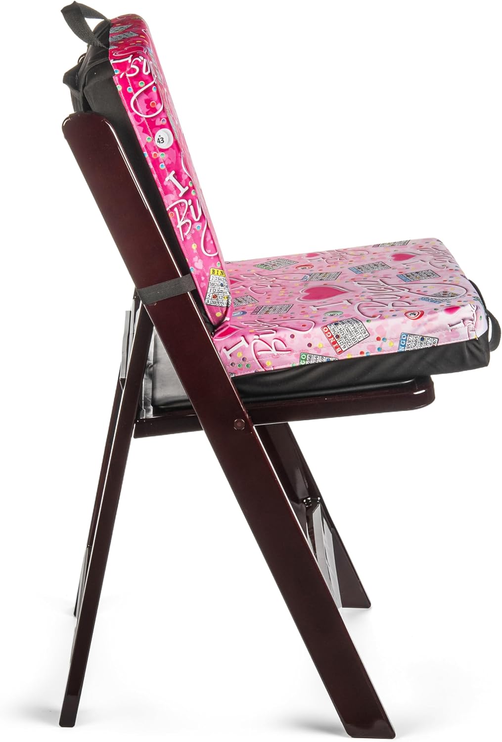 I Love Bingo Pink/Black Pattern Seat Cushion – Extra Thick 3” Cushion with Strap, Storage Pouch & Handles – Comfortable Folding Chair Cushion for Bingo Nights