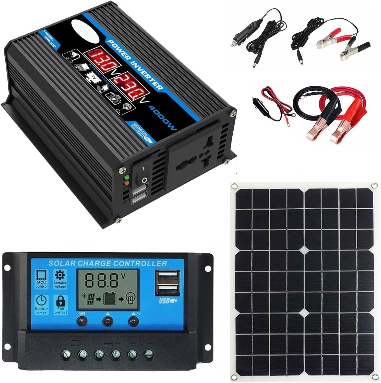 Kit pannello solare off-grid da 4000 W con pannello impermeabile da 18 W e regolatore di carica intelligente da 30 A for uso domestico, camper e esterno