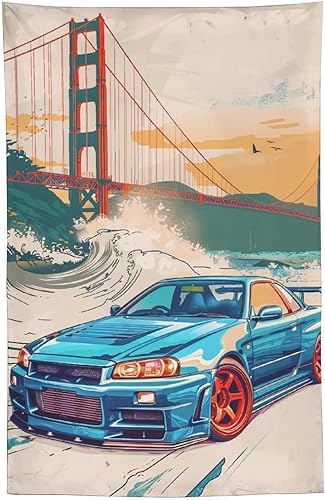 Miniatura 33 de QEOPGNE Tapiz grande para colgar en la pared, diseño de puente de puerta dorada, grandes olas, japonés, retro, Jdm, auto, R34, tapiz para