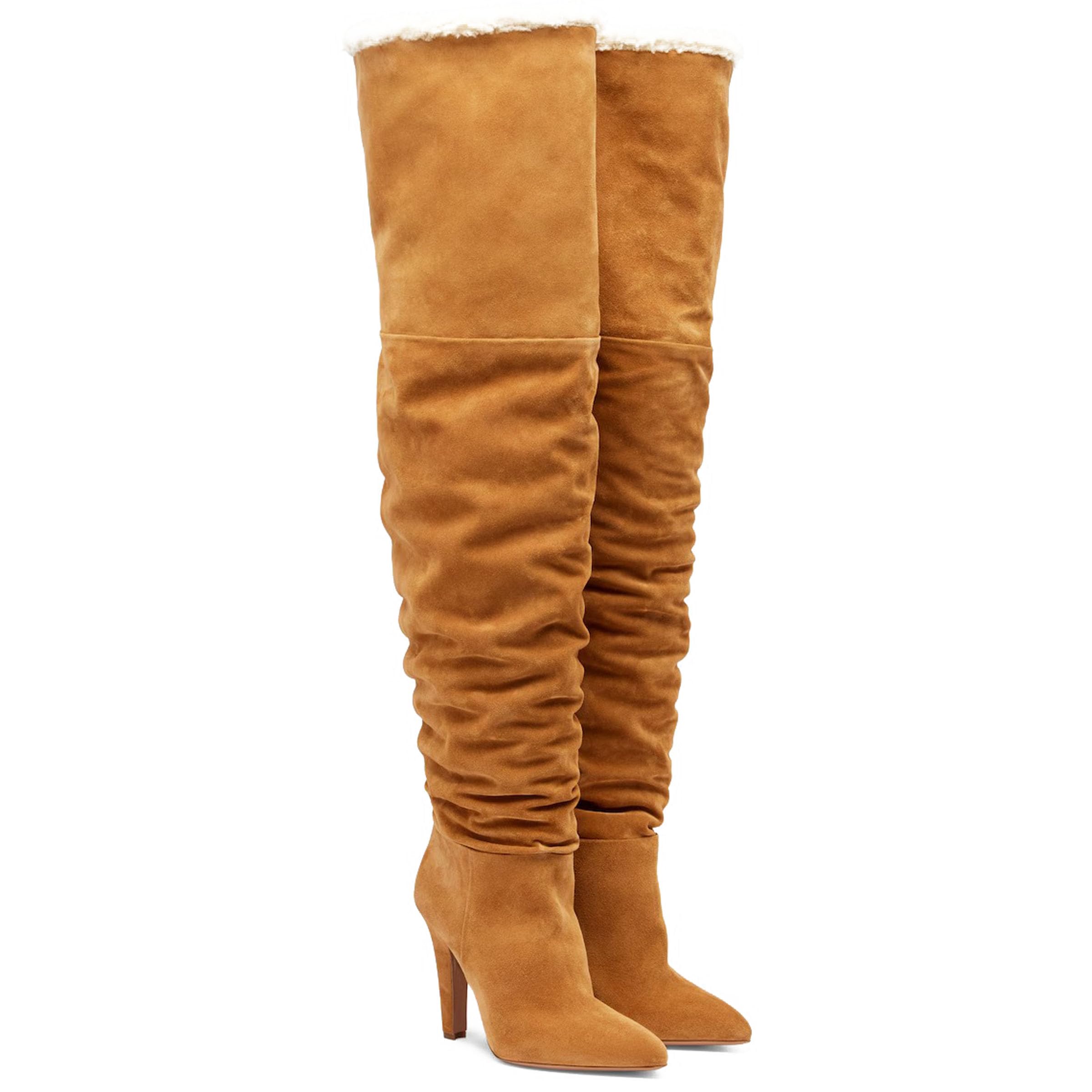 Thigh High Boots for Women Brown Suede Boots Pull On Over the Knee Boot Pointed Toe High Heel