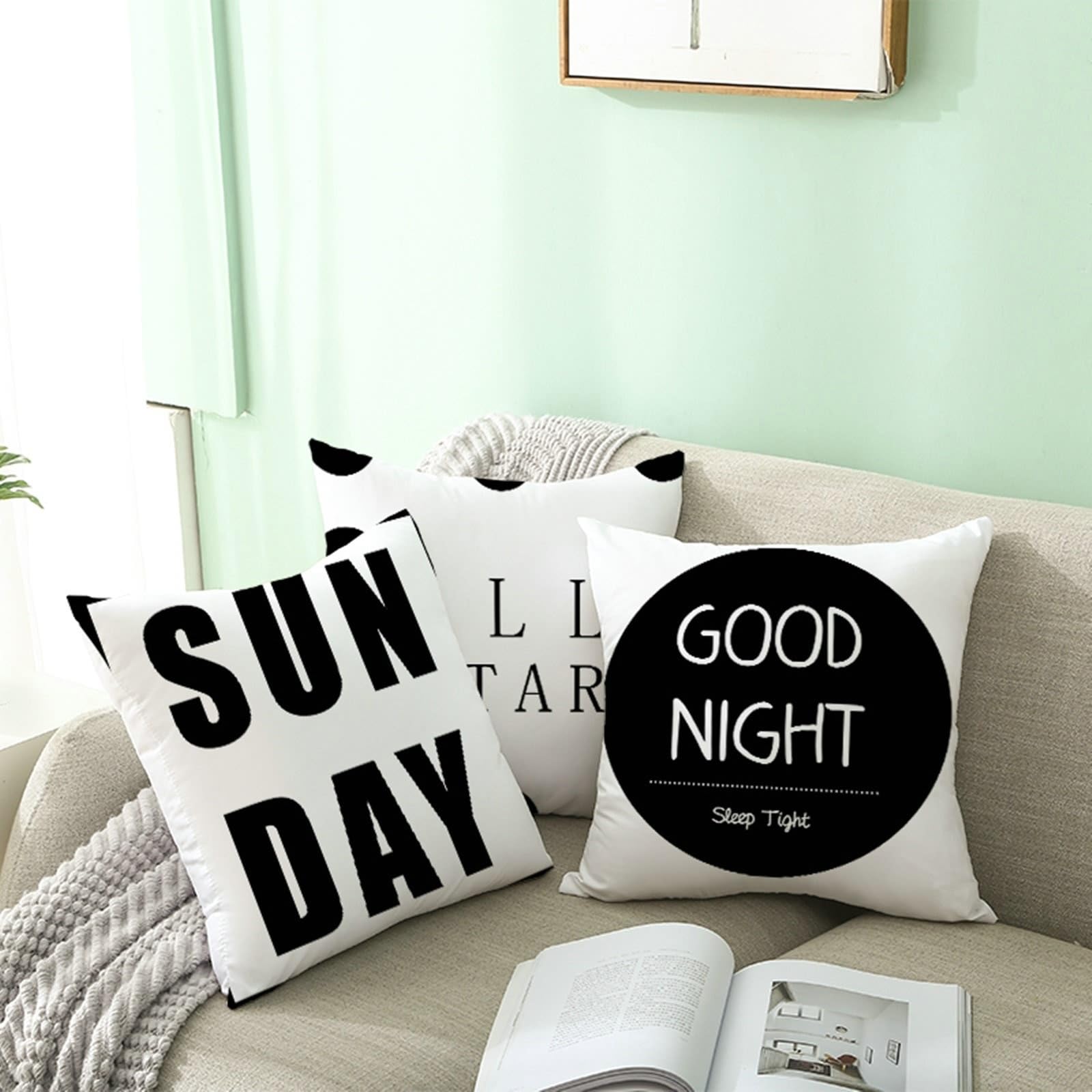Sunday All Star "Good Night Punkt" dekoracyjne poszewki na poduszki, dekoracyjne, miękkie, poszewki na poduszki do salonu, czarno-białe, 50 x 50 cm, zestaw 4 sztuk