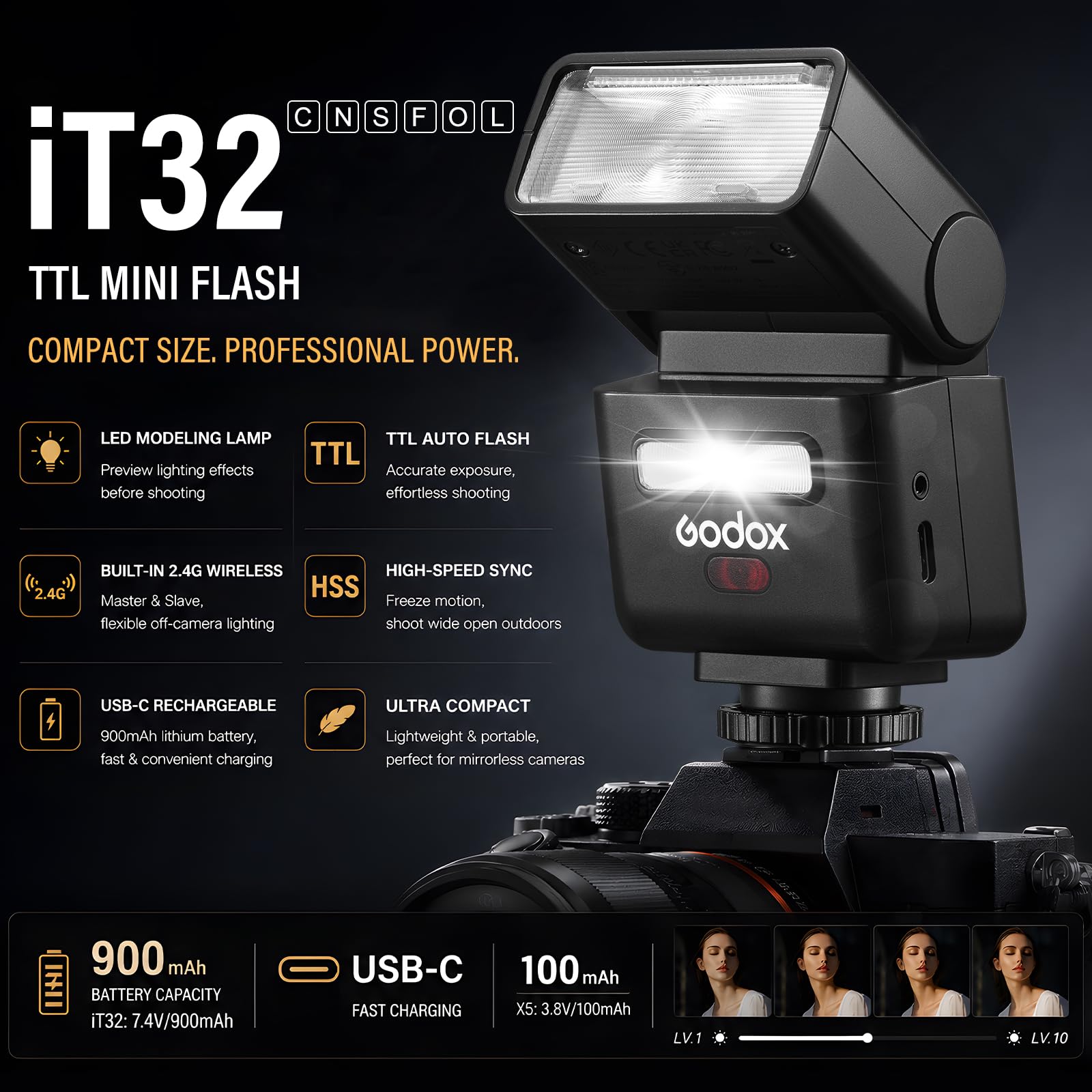 Godox IT32 TTL Flash per Fotocamera con Touchscreen 2,4 GHz Integrato GN18 Frequenza Massima Flash 100Hz e Illuminazione d'Atmosfera a LED integrata 510 flash a piena potenza
