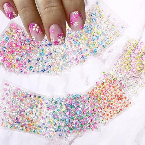 30 hojas de calcomanías de arte de uñas de flores autoadhesivas 3D, suministros de arte de uñas coloridas flores de rosa, margaritas y cerezos,