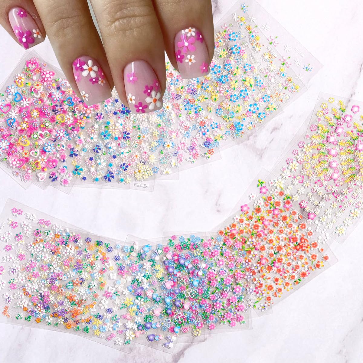 30Sheets Flower Nail Art Sticker 3D Self-Adhesive Nail Art Supplies Colorful Flowers Rose Daisy Cherry Blossoms Nail Decals Pink Floral Nail Design Cute Heart Nail Sticker for Acrylic Nails Decoration