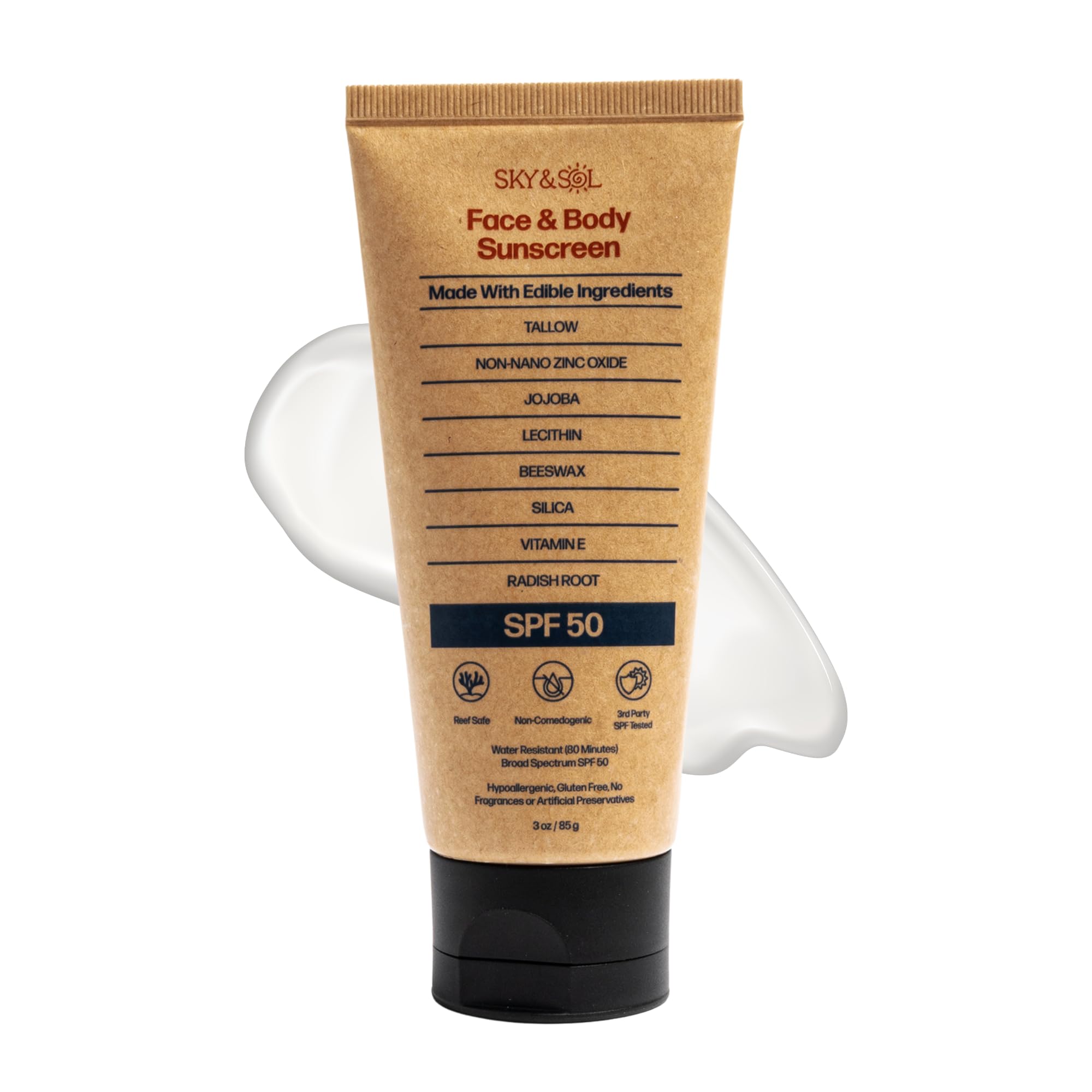 Non-Toxic Natural Mineral Sunscreen SPF 50 | Safest Organic Natural Tallow & Zinc Oxide Sunblock | Reef Safe, Clean Non-Greasy Formula for Face and Body | Women and Men. 3 oz (85 g)