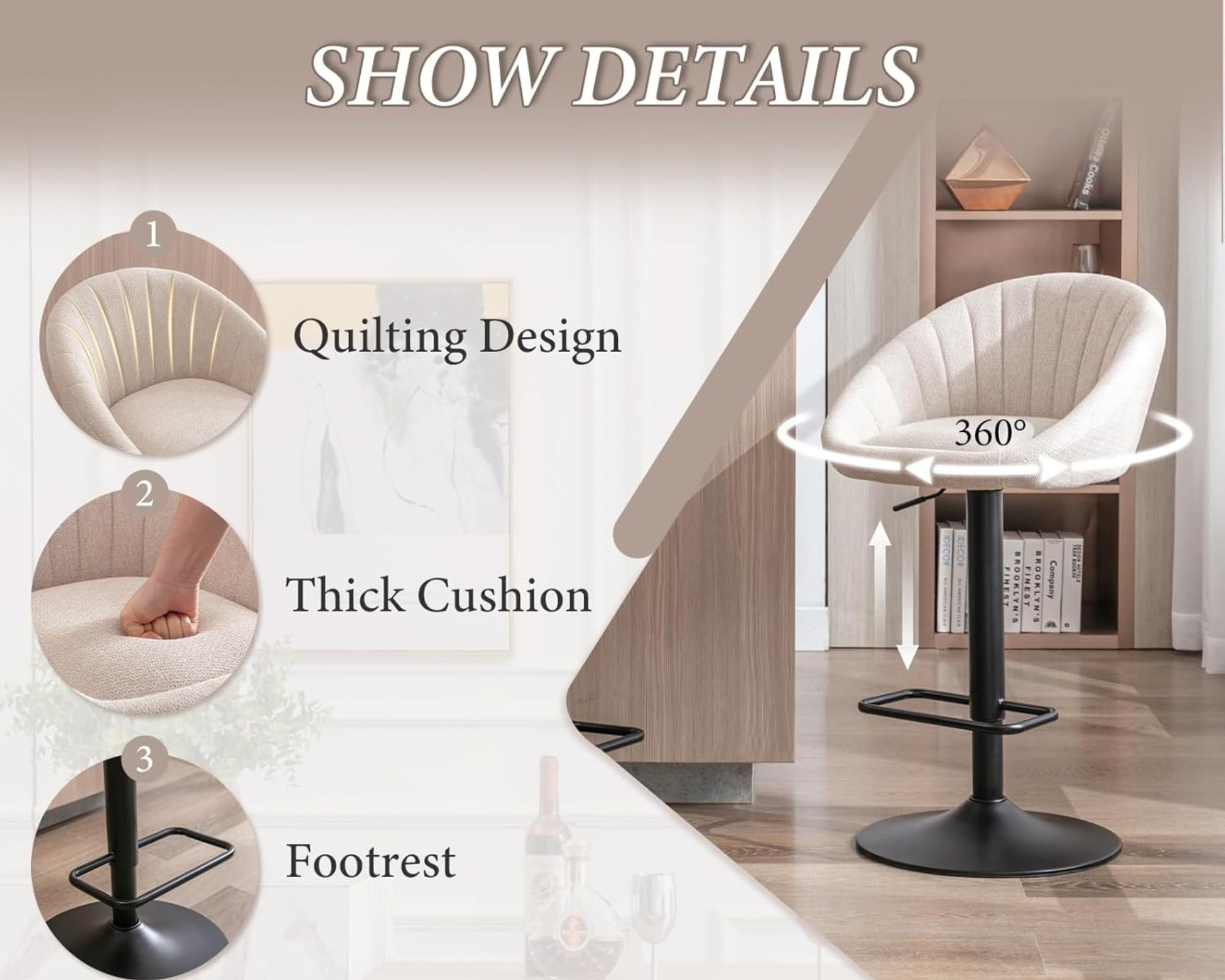 Ya-Home Tabourets de Bar Moderne Lot de 2 Chaise Bar Tissu Réglable en Hauteur, Chaise Haute Cuisine Confortable, Beige
