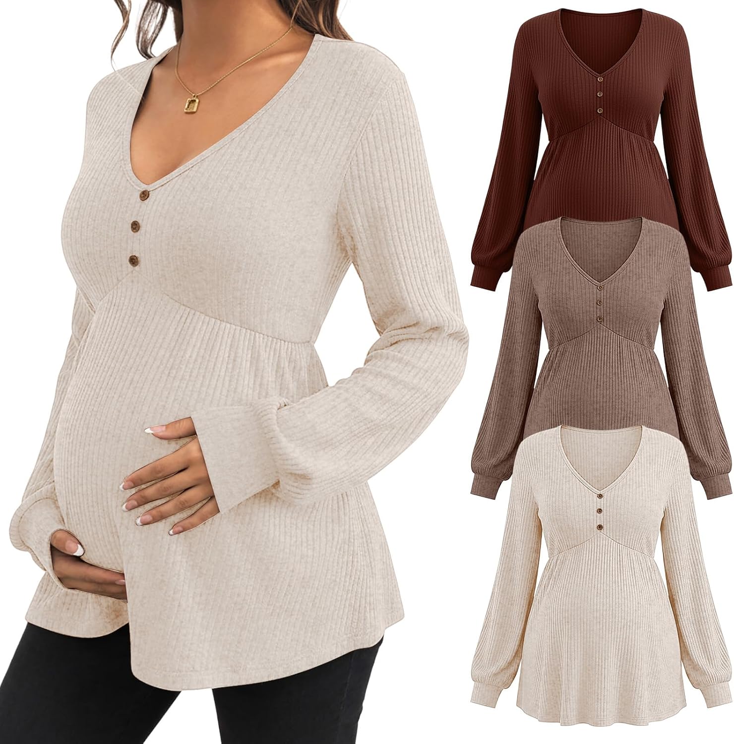 Cutecrop 3 Pack Maternity Tops for Women Long Sleeve Tunic Pregnancy Blouses Dressy Ribbed V Neck Pregnant Shirts Winter