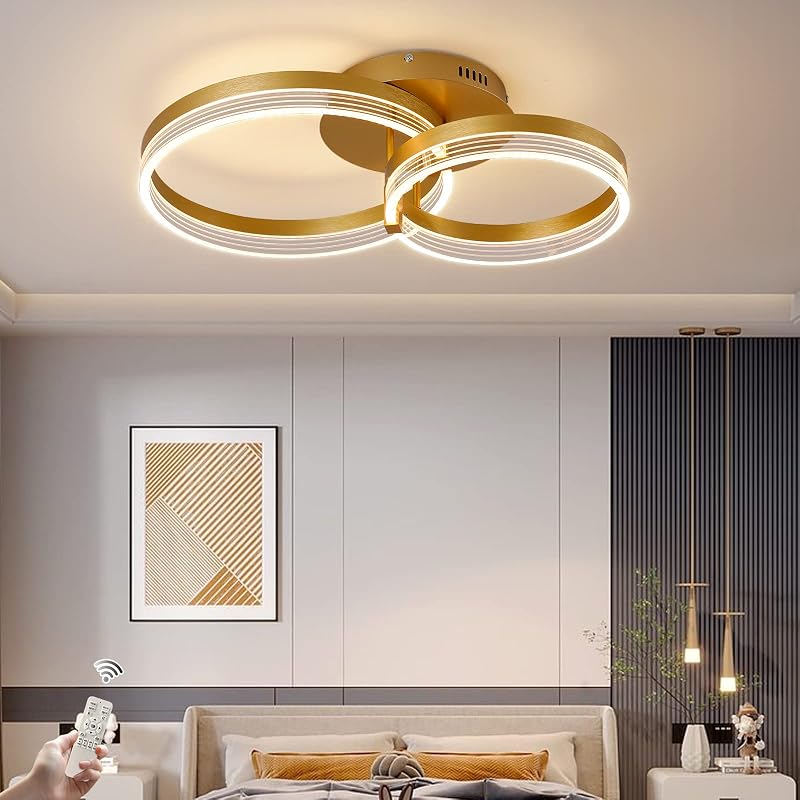 Becailyer Modern LED Mennyezeti Lámpa Távirányítóval, Dimmelhető Arany 2 Körös Plafon