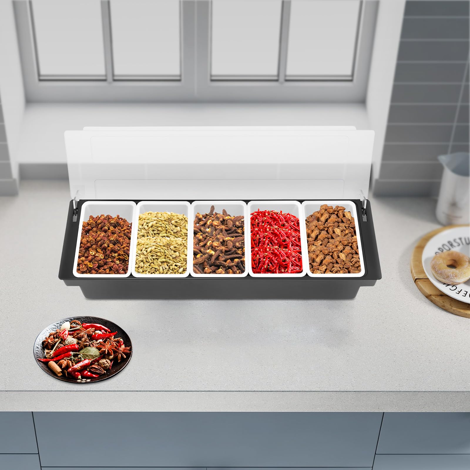 5 compartiments - Récipient à épices amovible et réutilisable - Distributeur d'épices - Boîte à fruits - Présentoir avec couvercle - Station à pizza - Station de cuisson pour restaurant, maison