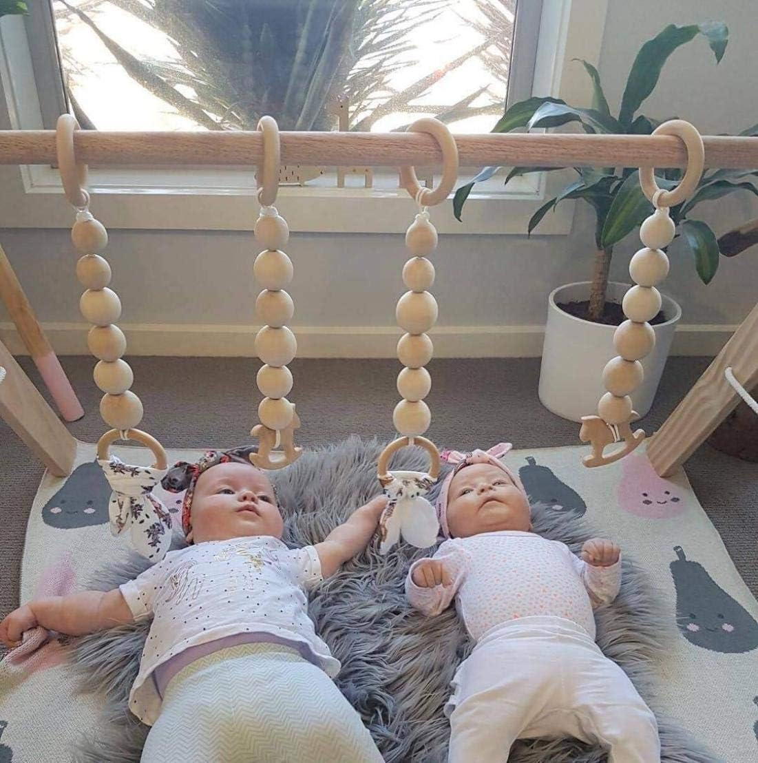 Handmade Foldable Wooden Baby Play Gym Rack with 3 Pendants Green (White)