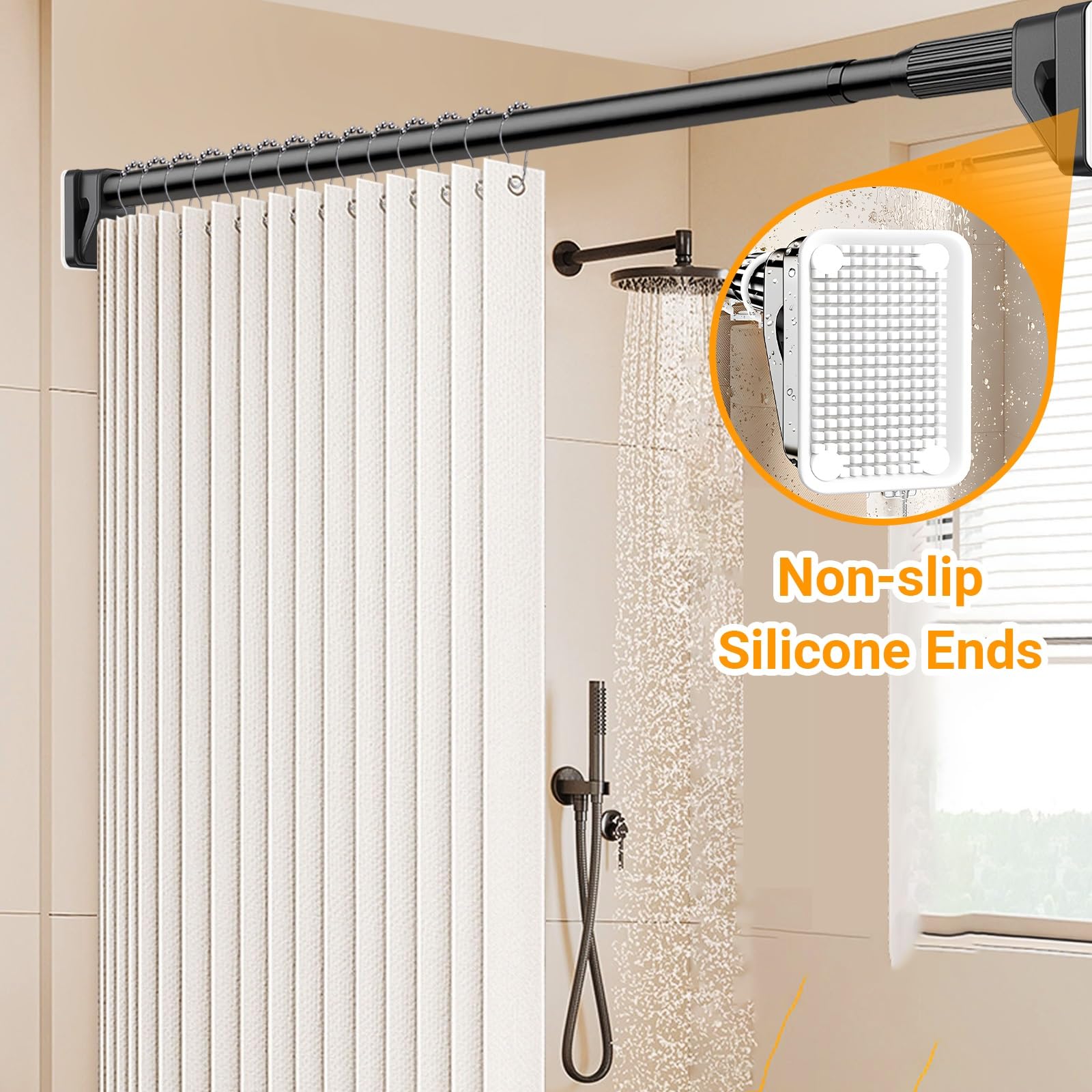 Barra de ducha sin taladrar de 70 a 490 cm con abrazadera antideslizante, ideal para baños y baños, color negro, altura (150-220 cm)