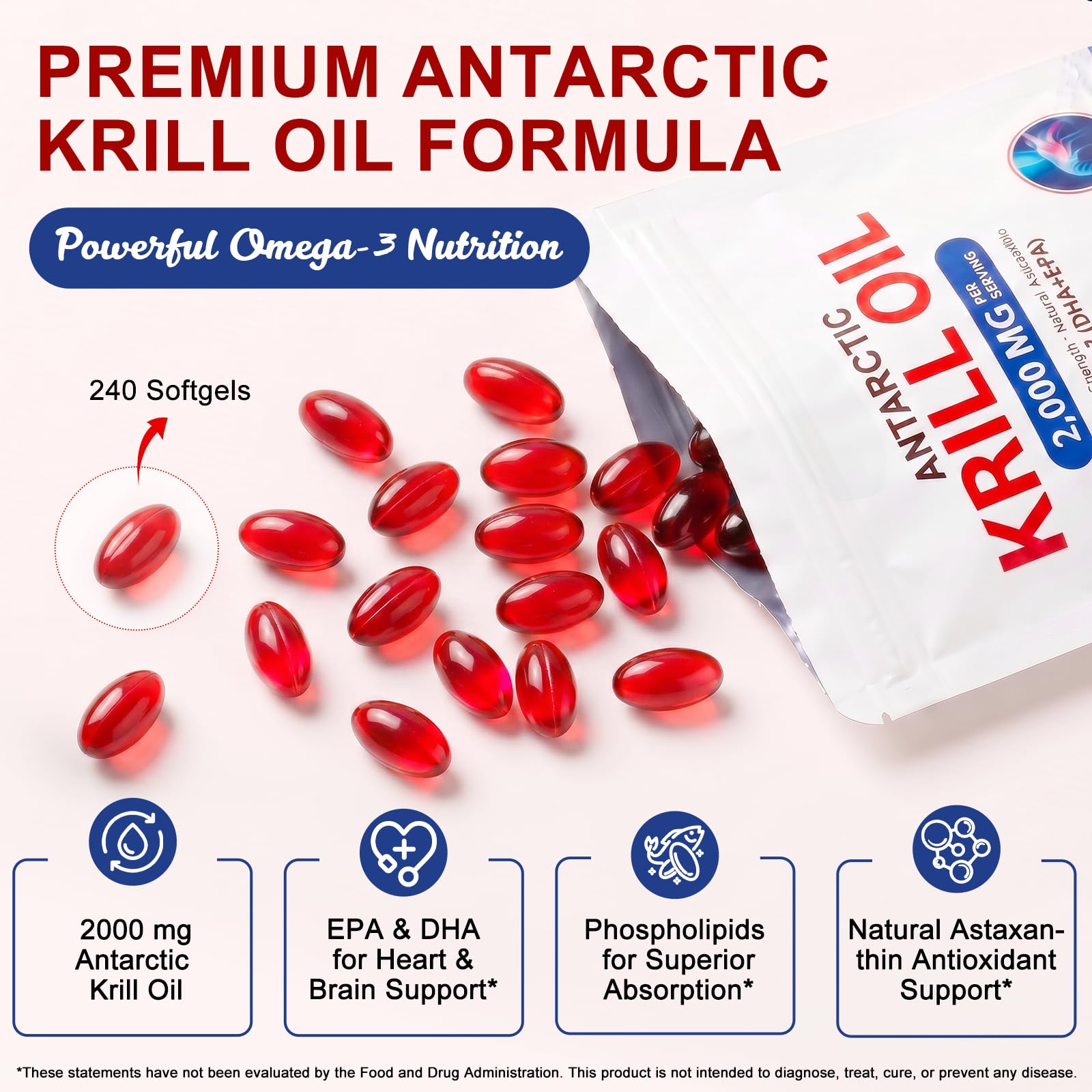 Antarctic Krill Oil 2000mg with Astaxanthin 800mcg | Omega-3 500mg | EPA 240mg | DHA 160mg | Phospholipids 400mg | 240 Softgels