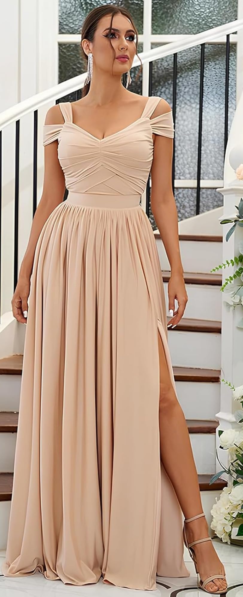 Damen Chiffon Brautjungfernkleider Lang,Schulterfrei Elegante Abendkleider Lang A-Linie Kleider für Hochzeitsgäste