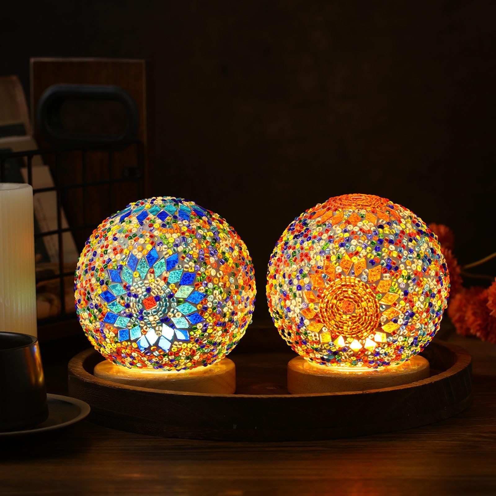 NALACAL 2-Piece Turkish Ball Table Lamp Set with Wooden Base - Moroccan Style Mosaic Lamps for Living Room and Bedroom Decor - USB Powered, 2 Color Options