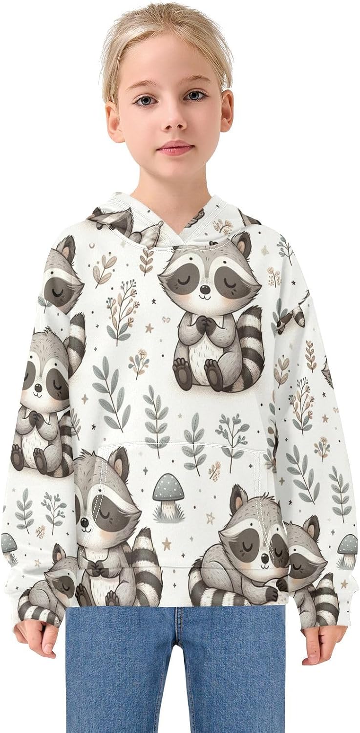 ALAZA Cute Raccoon Flowers Hoodies Sweatshirt for Boys Girls Kids Hooded Pullover Top