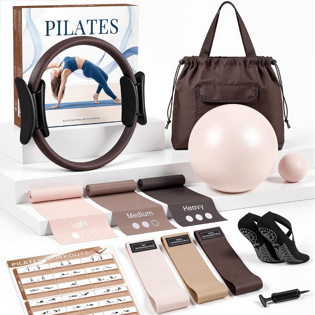 Pilates Kit, Pilates Equipment for Home Workouts, at Home Pilates Set with Complete Accessories: Pilates Ring, Pilates Ball, Long and Loop Resistance Bands, Socks, Massage Ball, Guide & Bag
