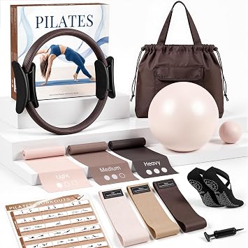 GINMIC Pilates Kit, Pilates Equipment for Home Workouts, at Home Pilates Set with Complete Accessories: Pilates Ring, Pilates Ball, Long and Loop Resistance Bands, Socks, Massage Ball, Guide & Bag