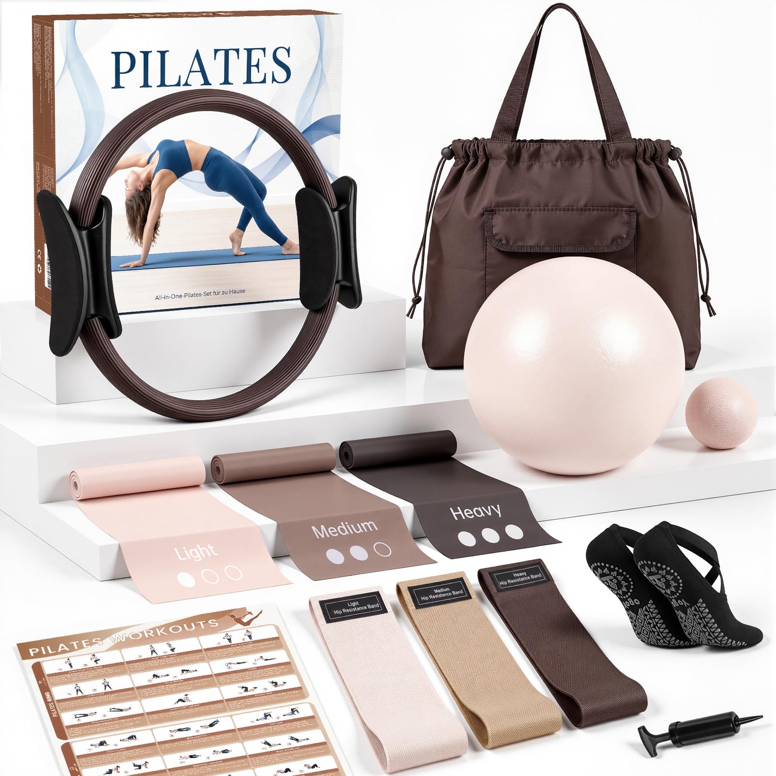 GINMIC Pilates Set, 13-teiliges Trainingsset für Zuhause mit Pilates-Ring und -Ball, 3 Widerstandsbänder in 3 Stärken, inkl. Übungsanleitung und Tragetasche – Ideal für Anfänger und Ganzkörpertraining