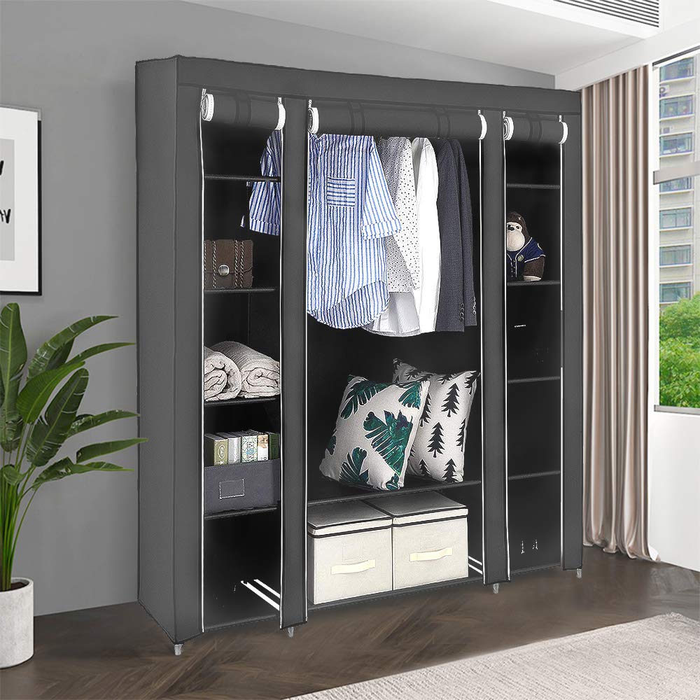 HUOLE Armoire de Rangement en Tissu Textile Pliable avec Tringle à vêtements,Porte-Manteau,Garde-Robe Organisateur de Stockage de vêtements Armoire Toile,172 * 134 * 43cm-Gris