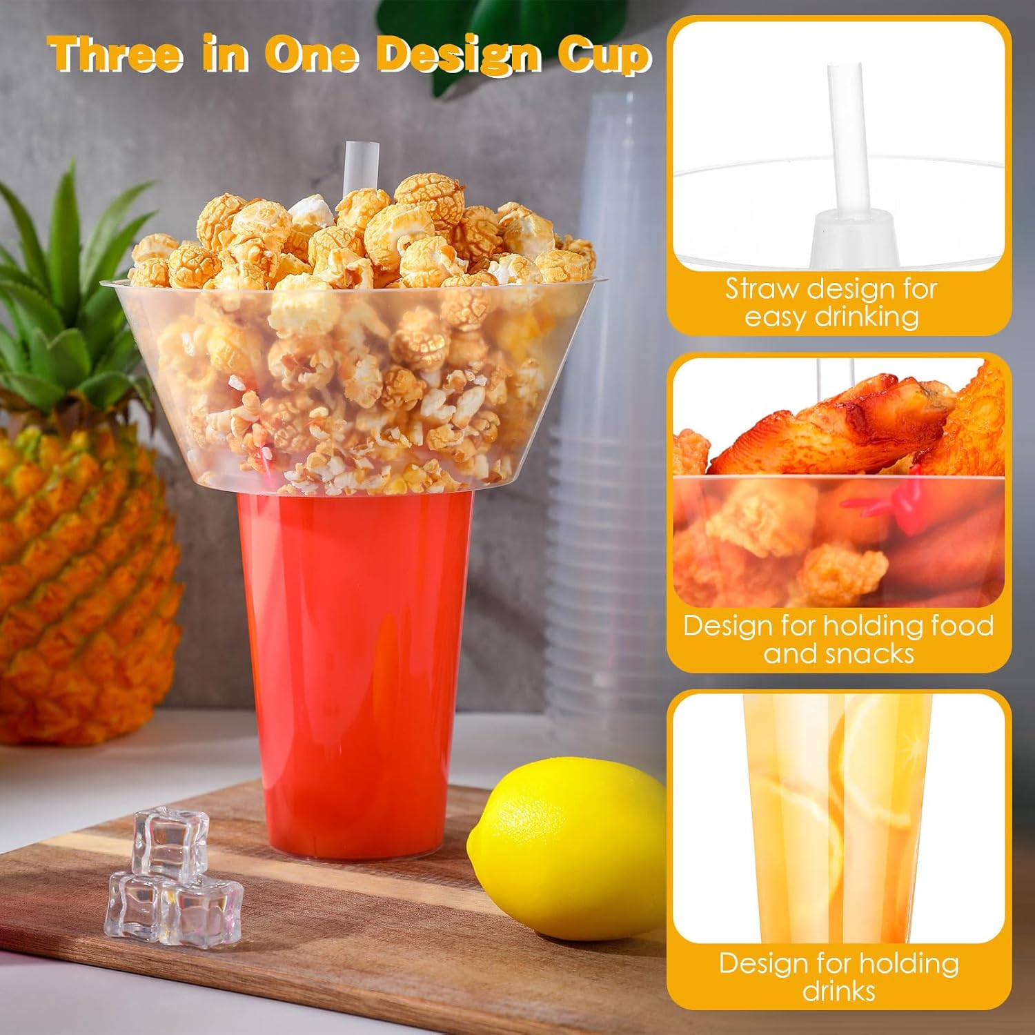 SiliFine 50 Sets 2-in-1 Snack and Drink Cup with Straws, Clear Plastic Stadium Tumblers with Snack Bowl Lid, Disposable Party Cups for Movie Night, Road Trips & Stadium (Classic Size)