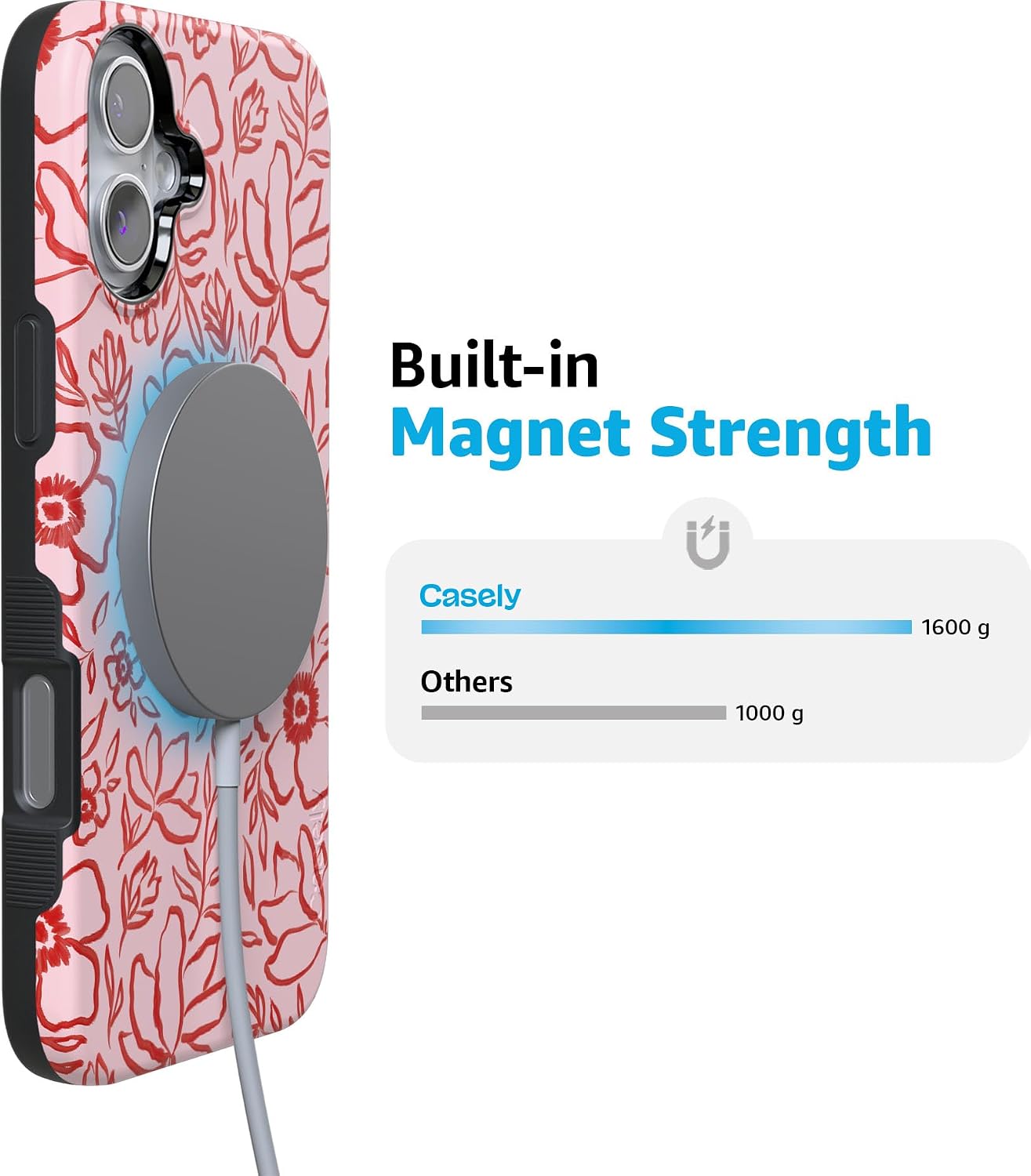 Casely iPhone 16 Case | Blush Garden | Floral Doodle | Bold Military-Grade Drop Protection | Compatible with MagSafe
