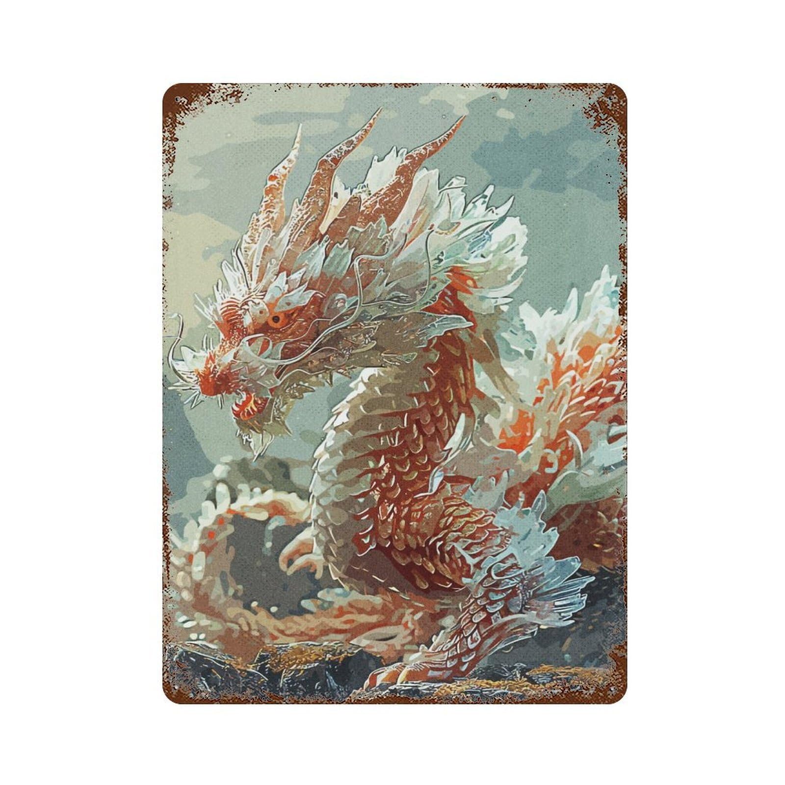 Garage Style Dragon Statue Rustic Tin Plaque 15.7"x11.8", Classic Wall Plaque for Bar And Workshop