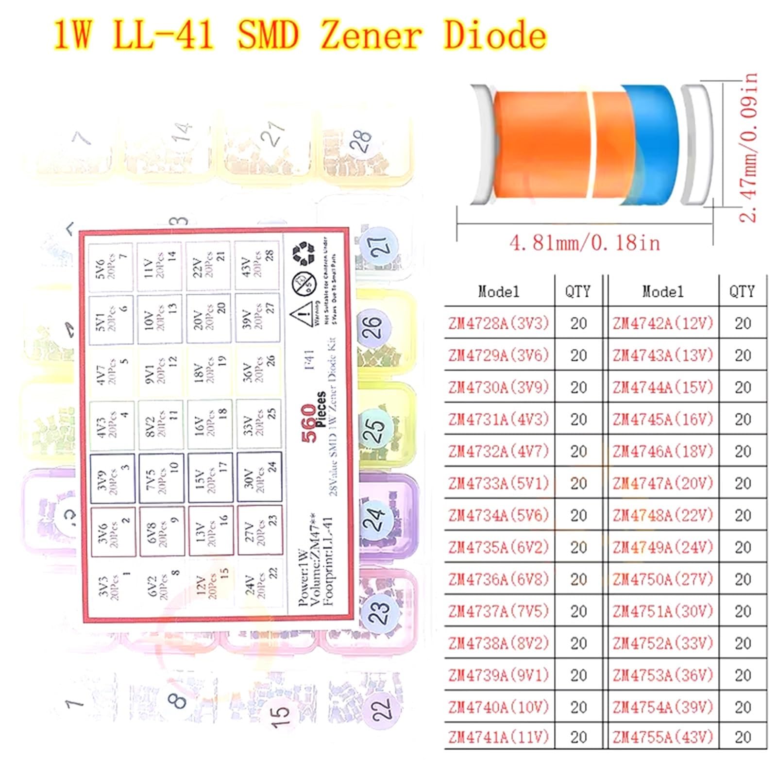 Kit Assortimento Diodo Zener SMD Da 560 Pezzi 28 Valori LL41 1W 3.3V .9V 4. 5.1V.5V 8.2V 9. 10V 12V 13V 15V 18V 22V 24V 30V 33V 39V 43V