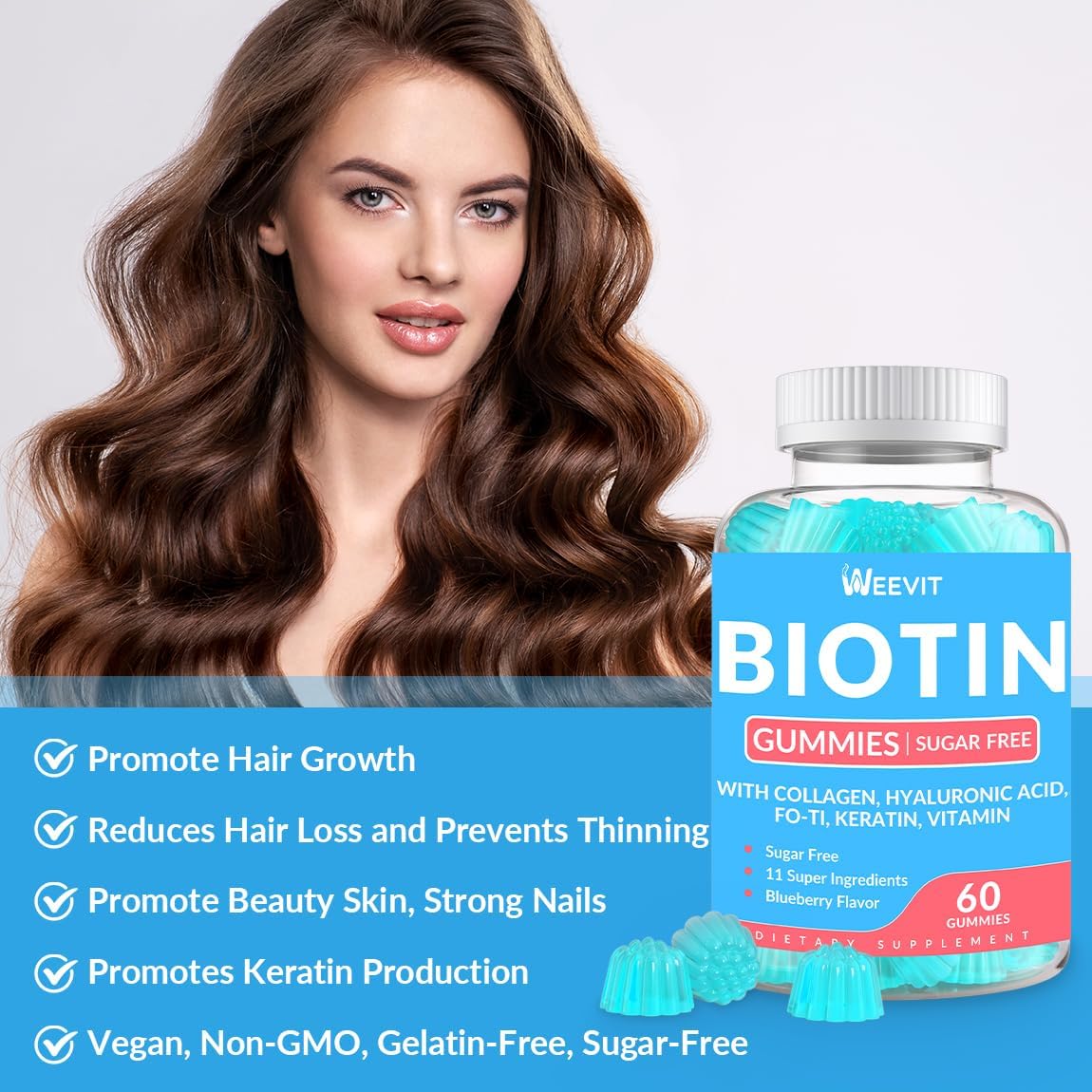 Sugar-Free Biotin Gummies, Biotin and Collagen Gummies with Keratin, Hyaluronic Acid for Women & Men | Hair Growth, Glowing Skin & Strong Nails | Vitamin B7 Supplement, Non-GMO, Chewable - Image 2