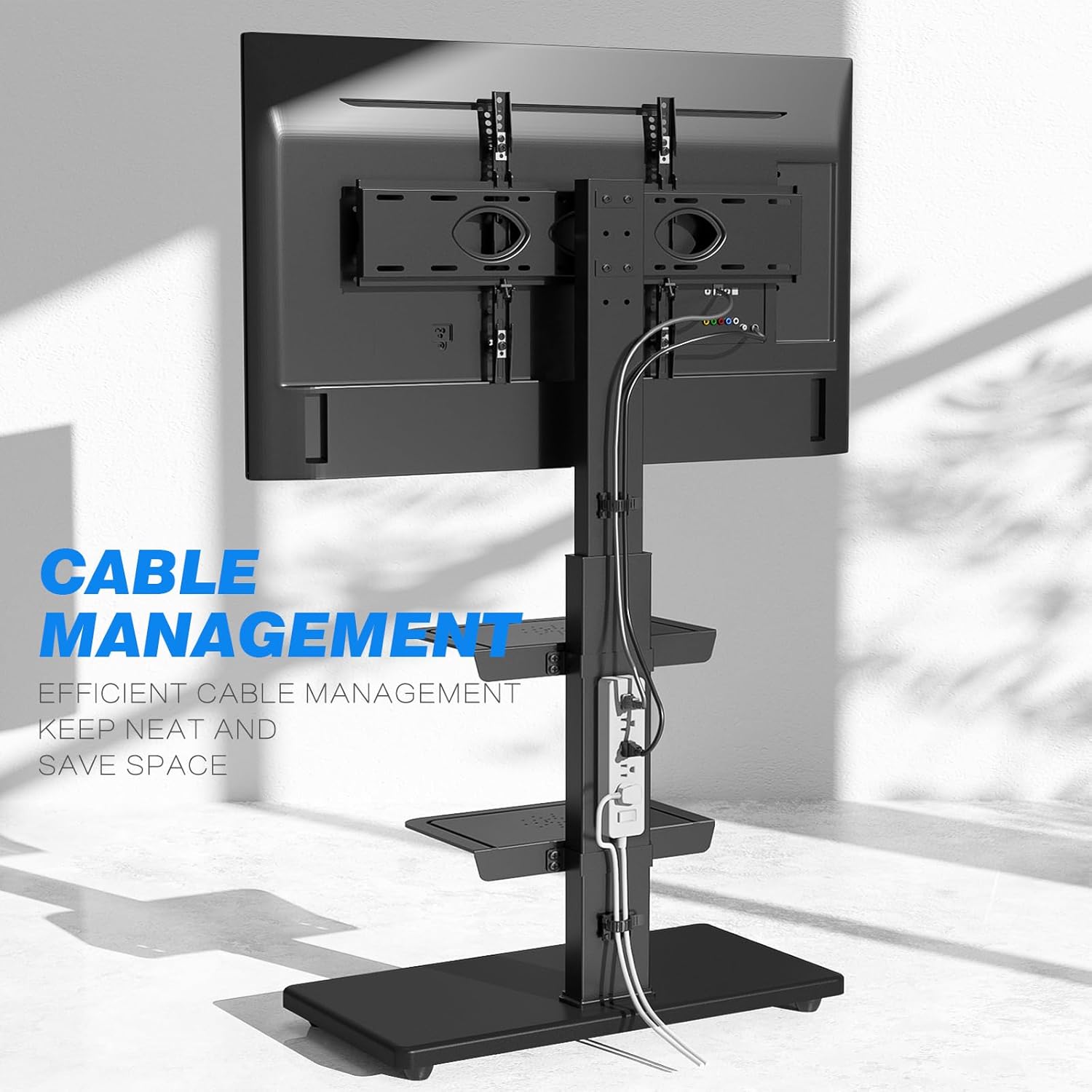 Тыл view of the TV stand demonstrating its cable management system, with wires neatly routed through the central column to keep them organized and out of sight.