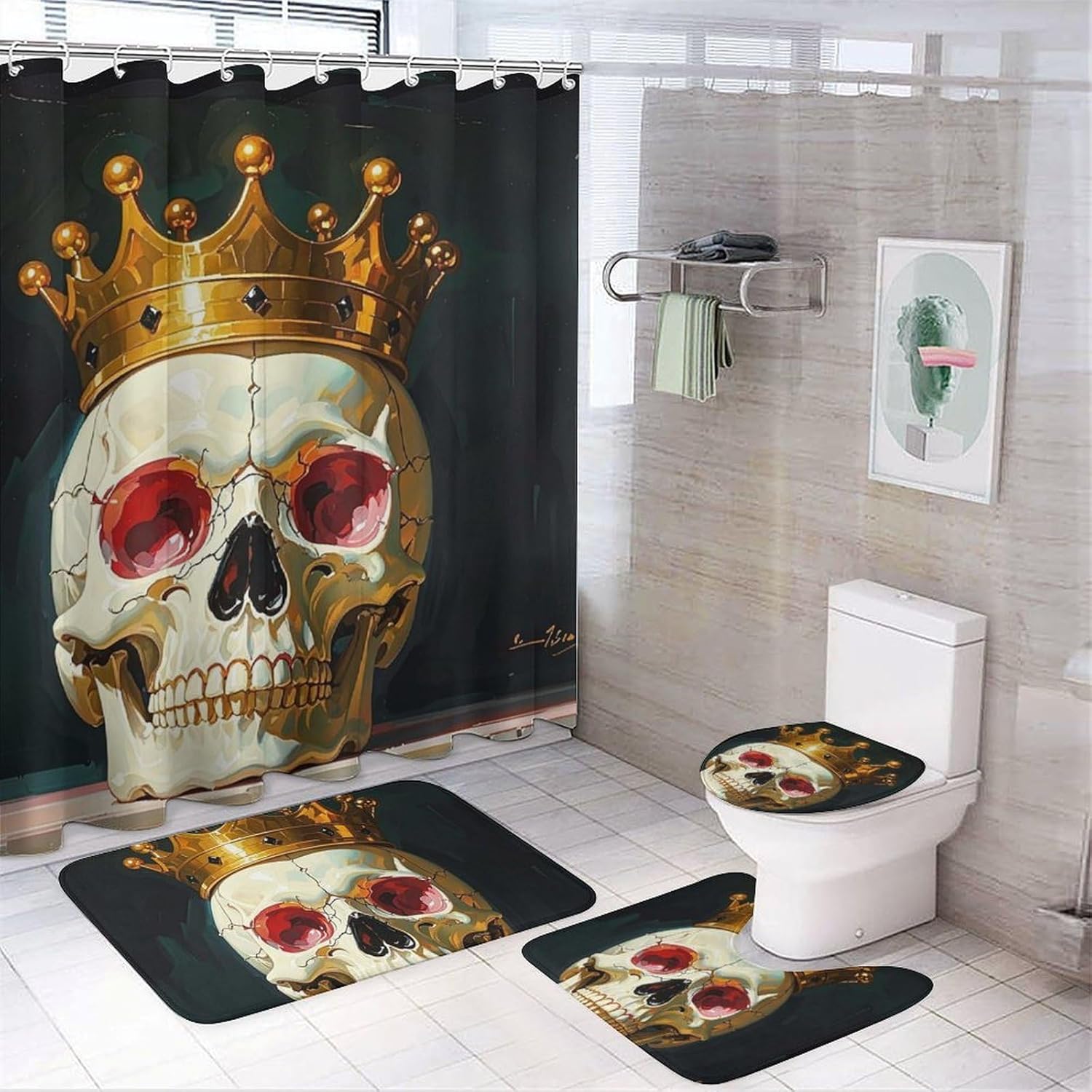 Victorian Art Shower Curtain Set 4 Piece, Non-Slip Bath Mat with Toilet Lid Cover and Waterproof Shower Curtain with 12 Hooks, Complete Bathroom Set for Home Decor