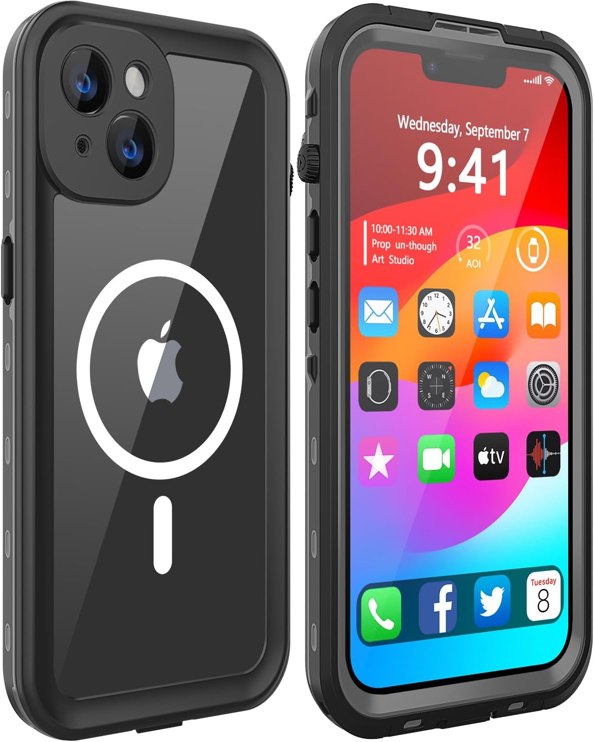 Design for iPhone 14 Waterproof Case, Full Body Shockproof Dust Proof Phone Case Cover with Screen Protector - Black