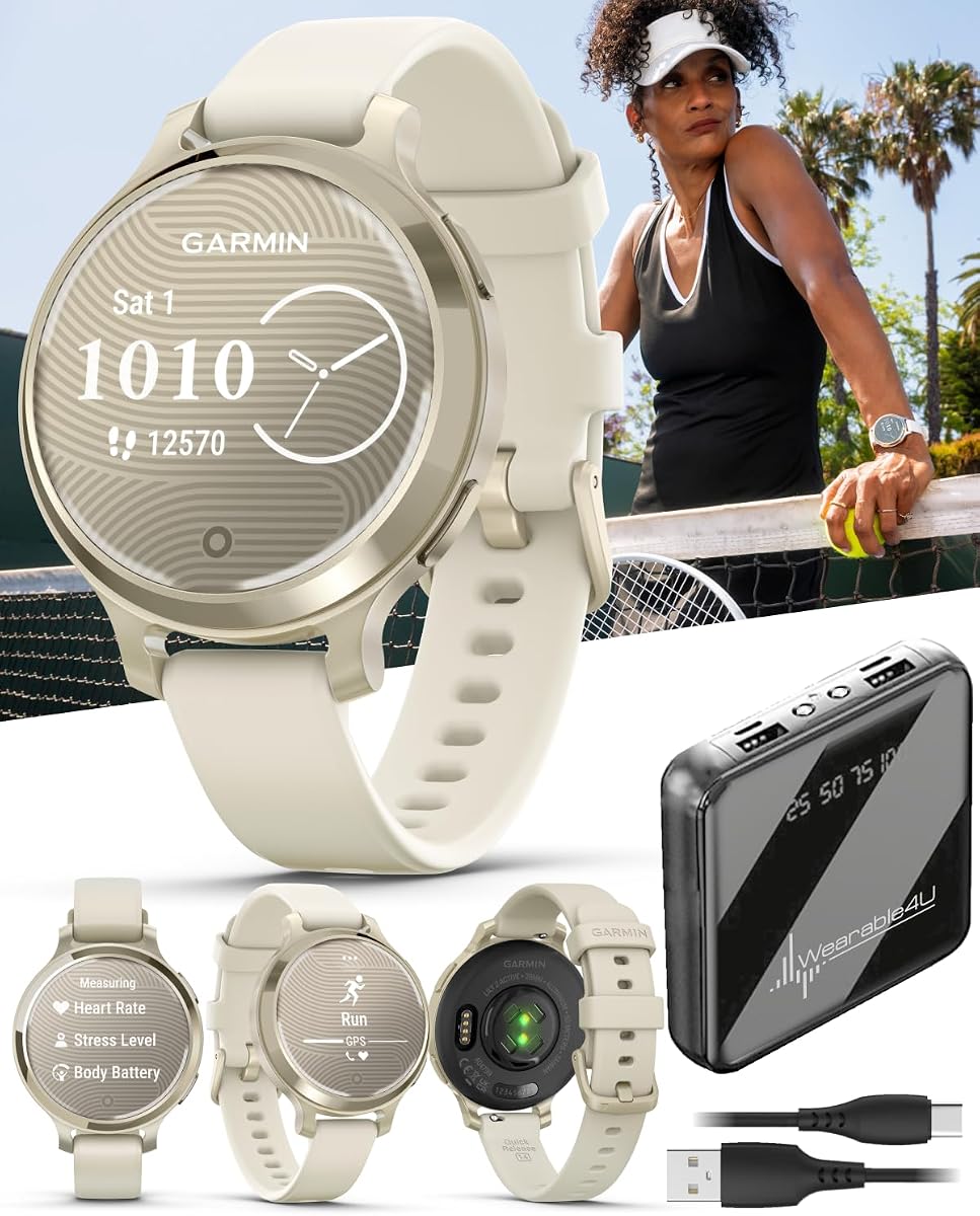 Garmin Lily 2 Active, oro lunar con banda de silicona ósea, reloj inteligente pequeño y elegante, GPS incorporado, pantalla oculta, lente estampada, paquete de banco de energía de hasta 9 días de duración de la batería