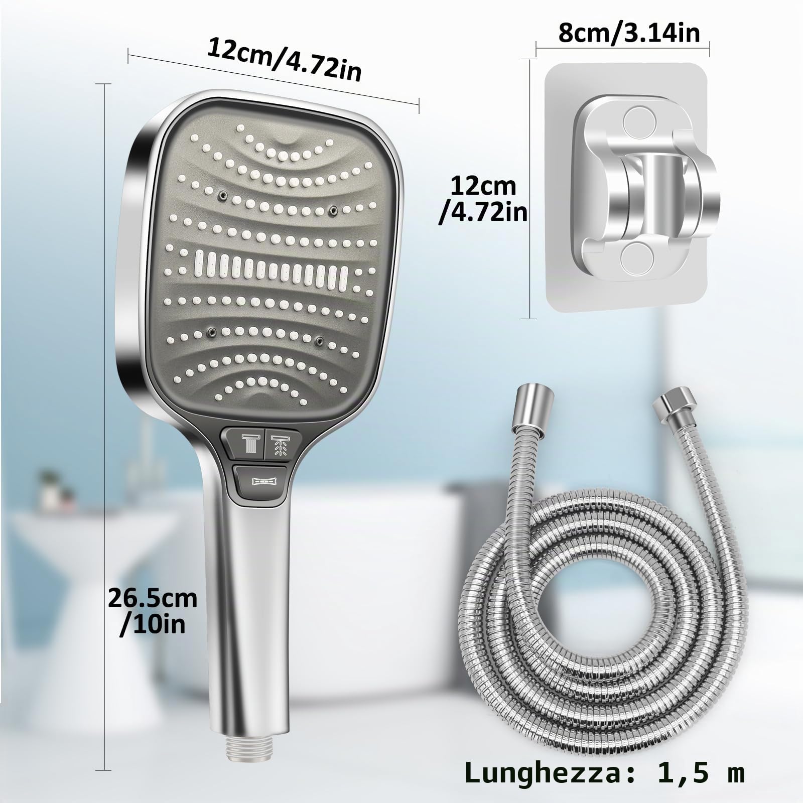 HNOOM Kit Doccia Completo, Soffione Doccia Quadrato 120mm Alta Pressione + Tubo 1.5M + Supporto Senza Fori, 8 Modalità, Anticalcare, Universale per Doccia Bagno（Argento）